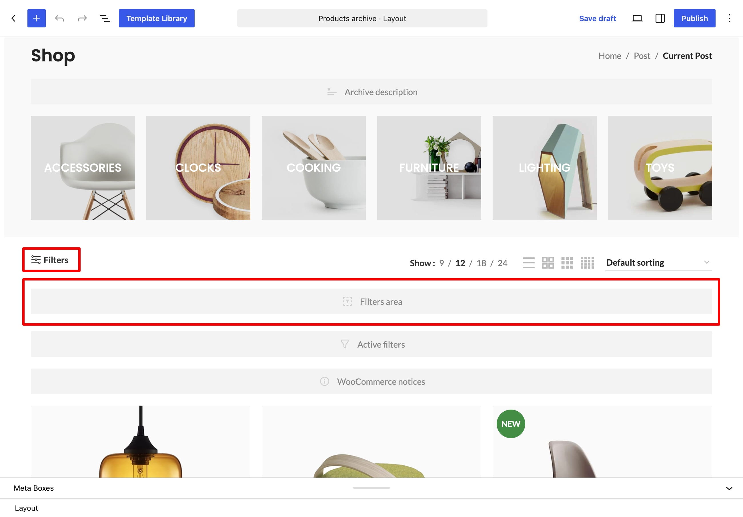 Shop page layout filters on gutenberg