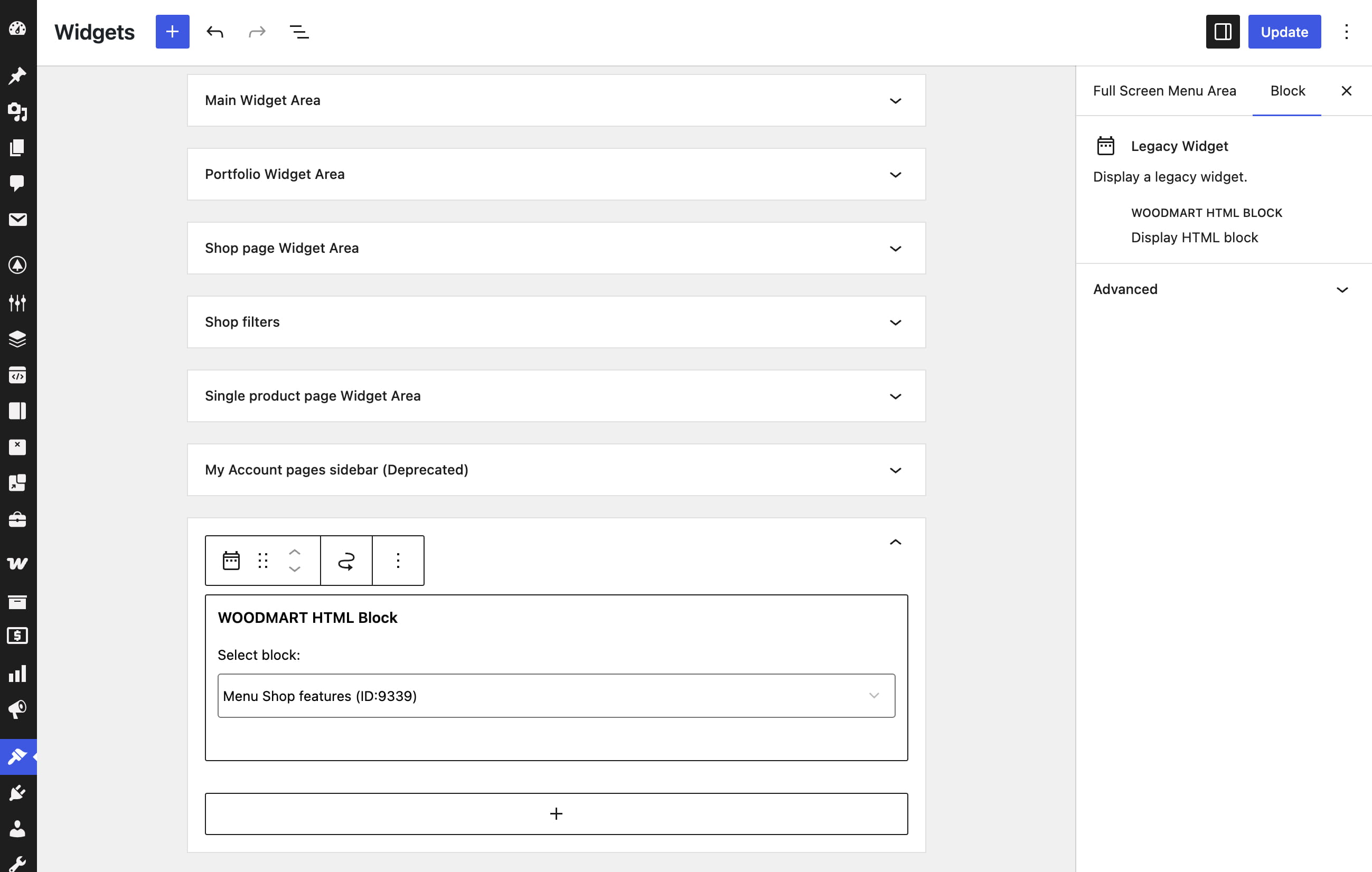 WordPress widgets editor showing a WOODMART HTML block