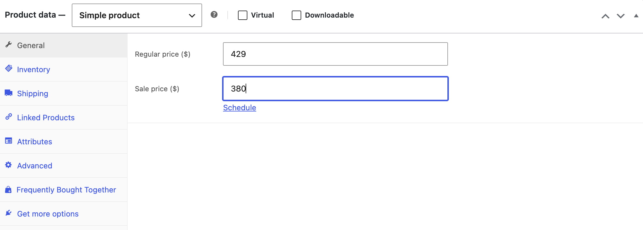 simple product data settiings general