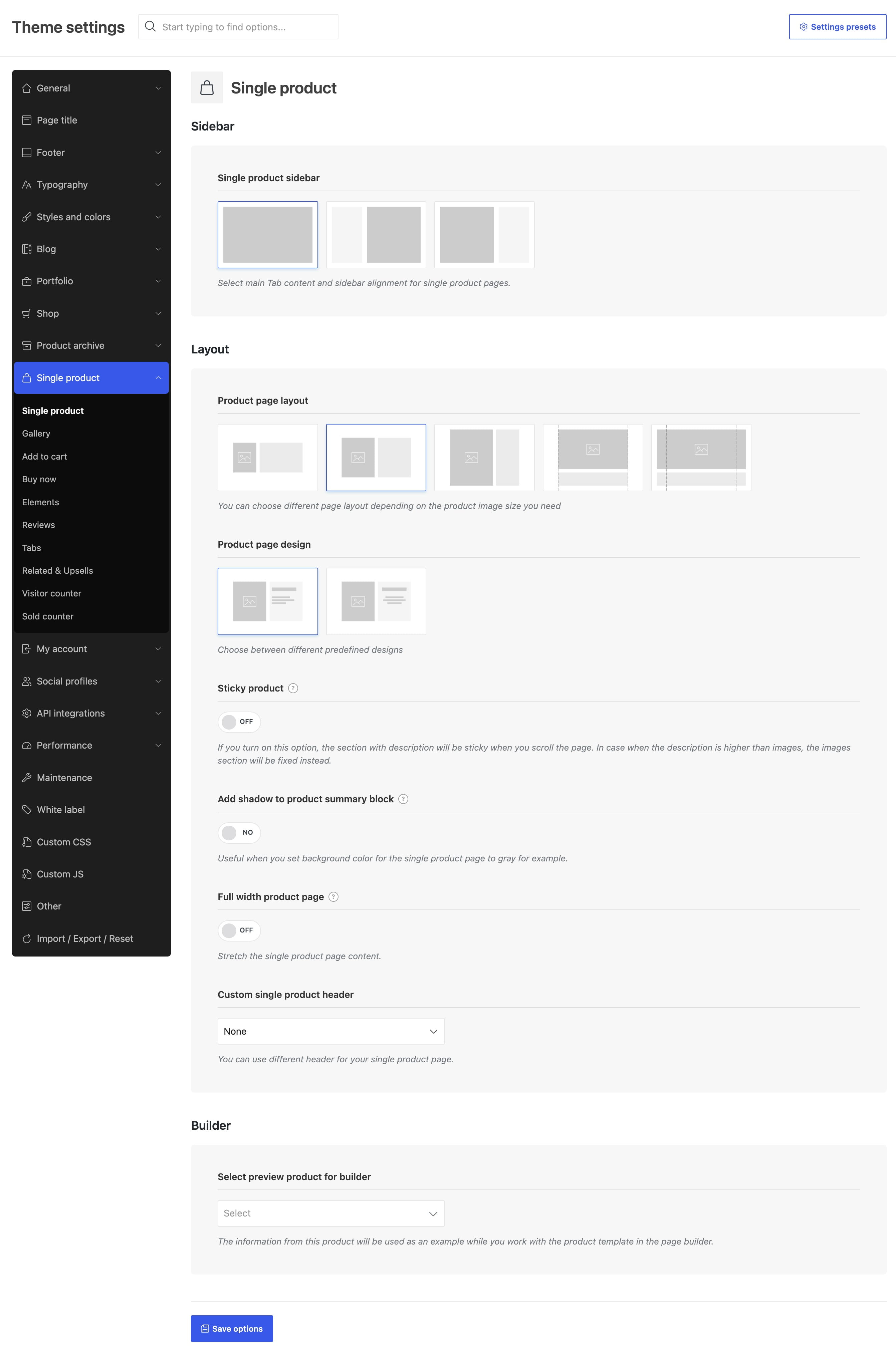 single product full page settings