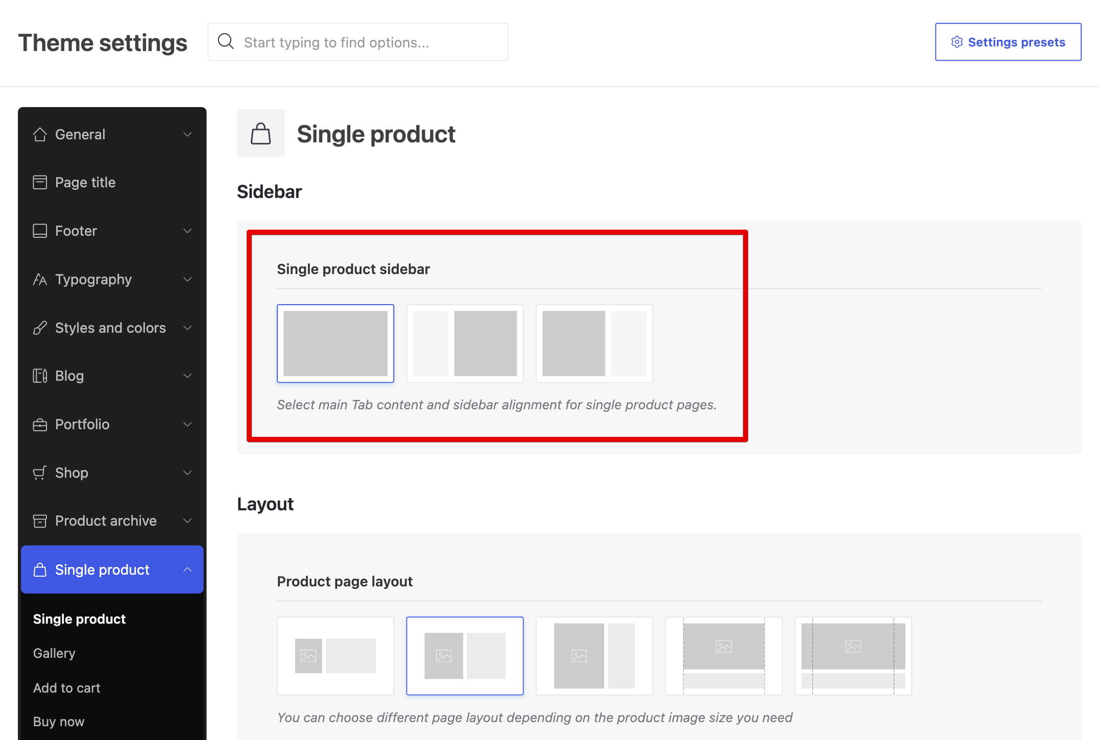 single product sidebar settings