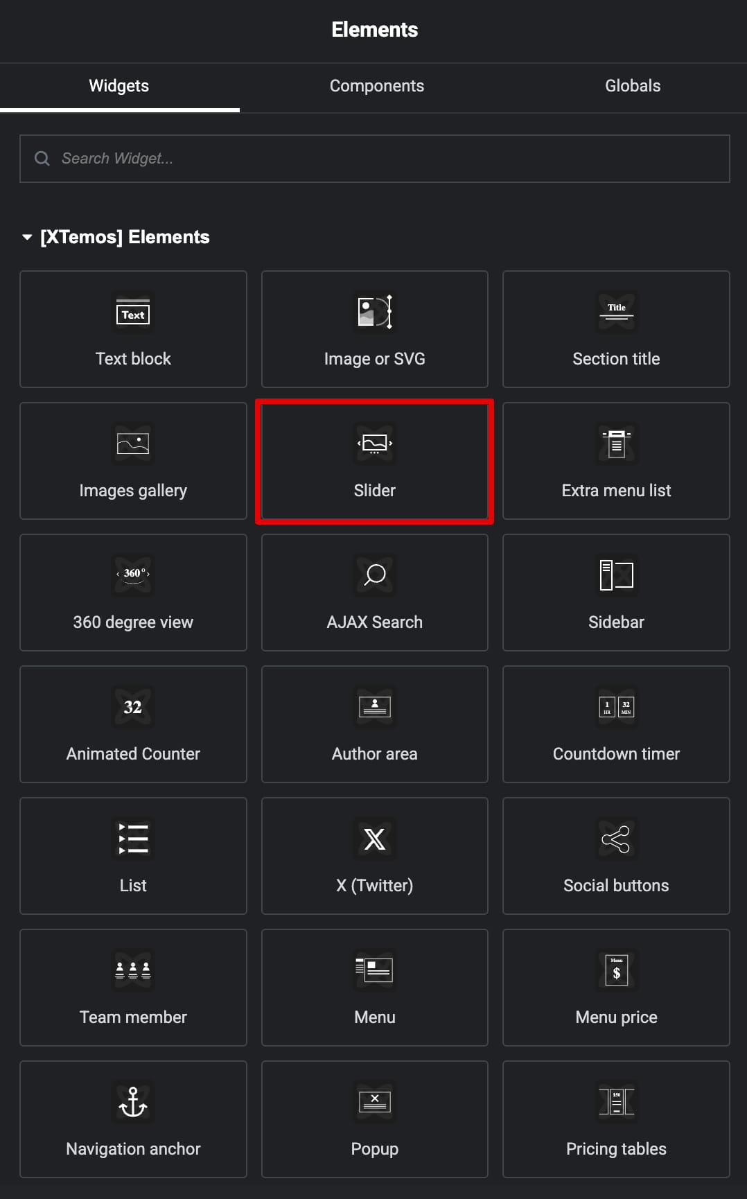 Slider element in Elementor builder