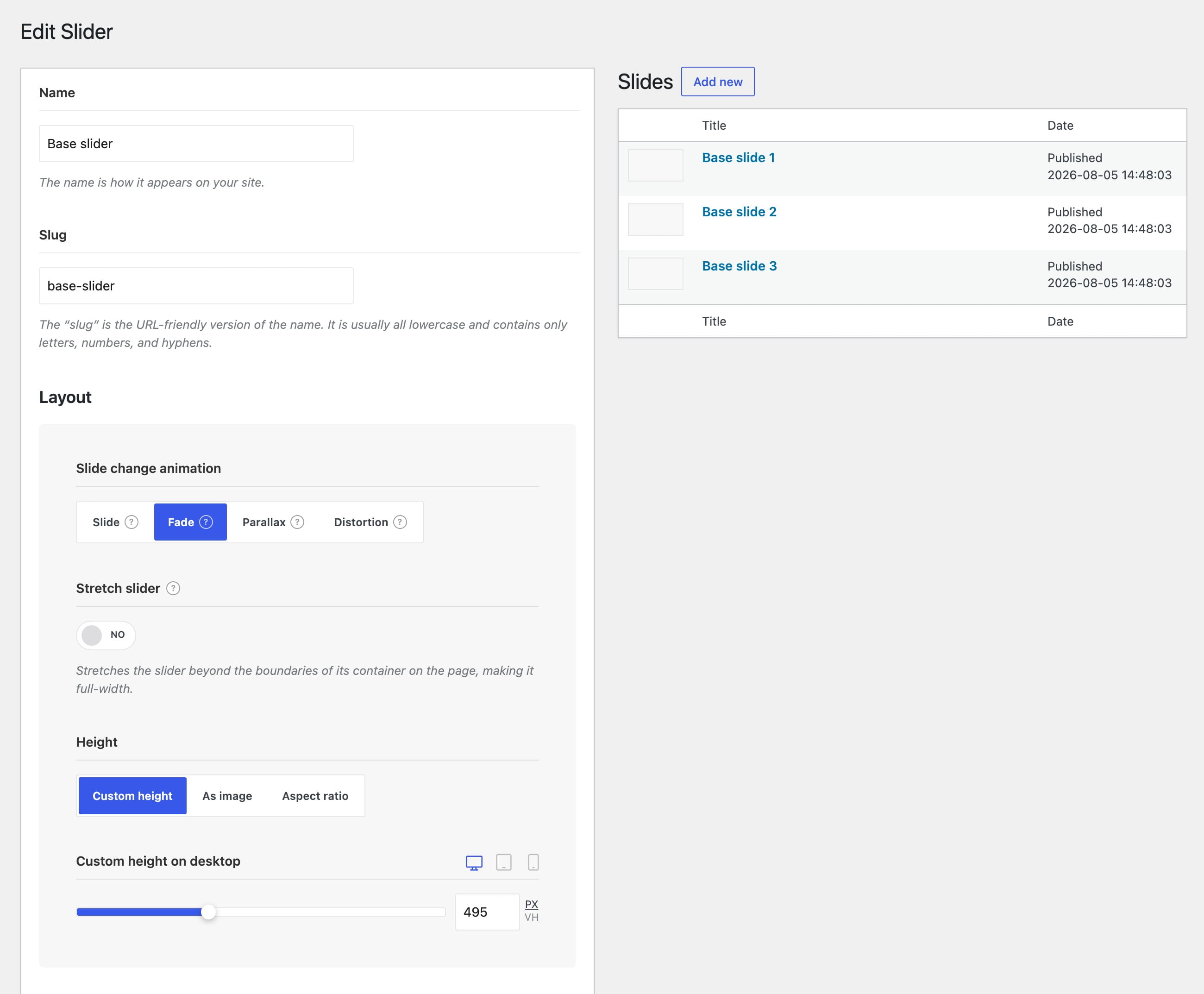 Slider options page on backend