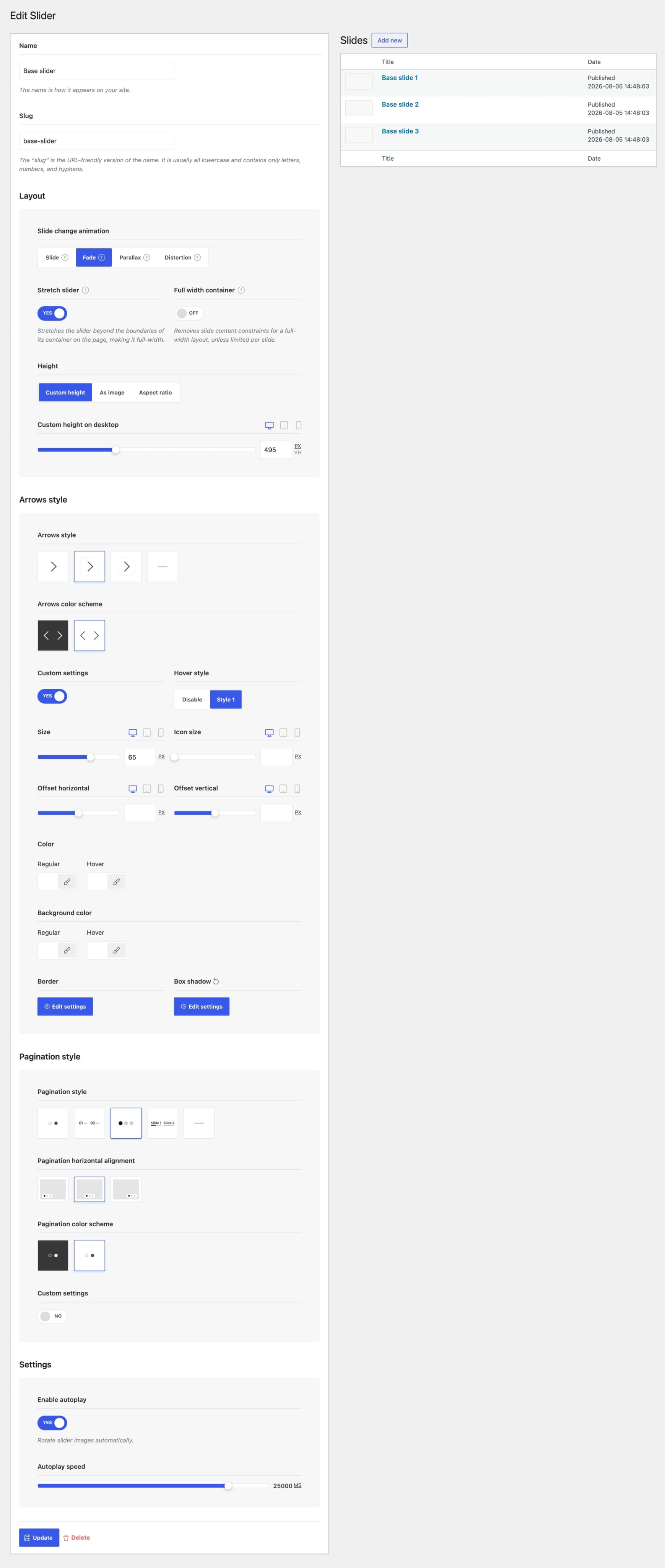 Slider settings backend page