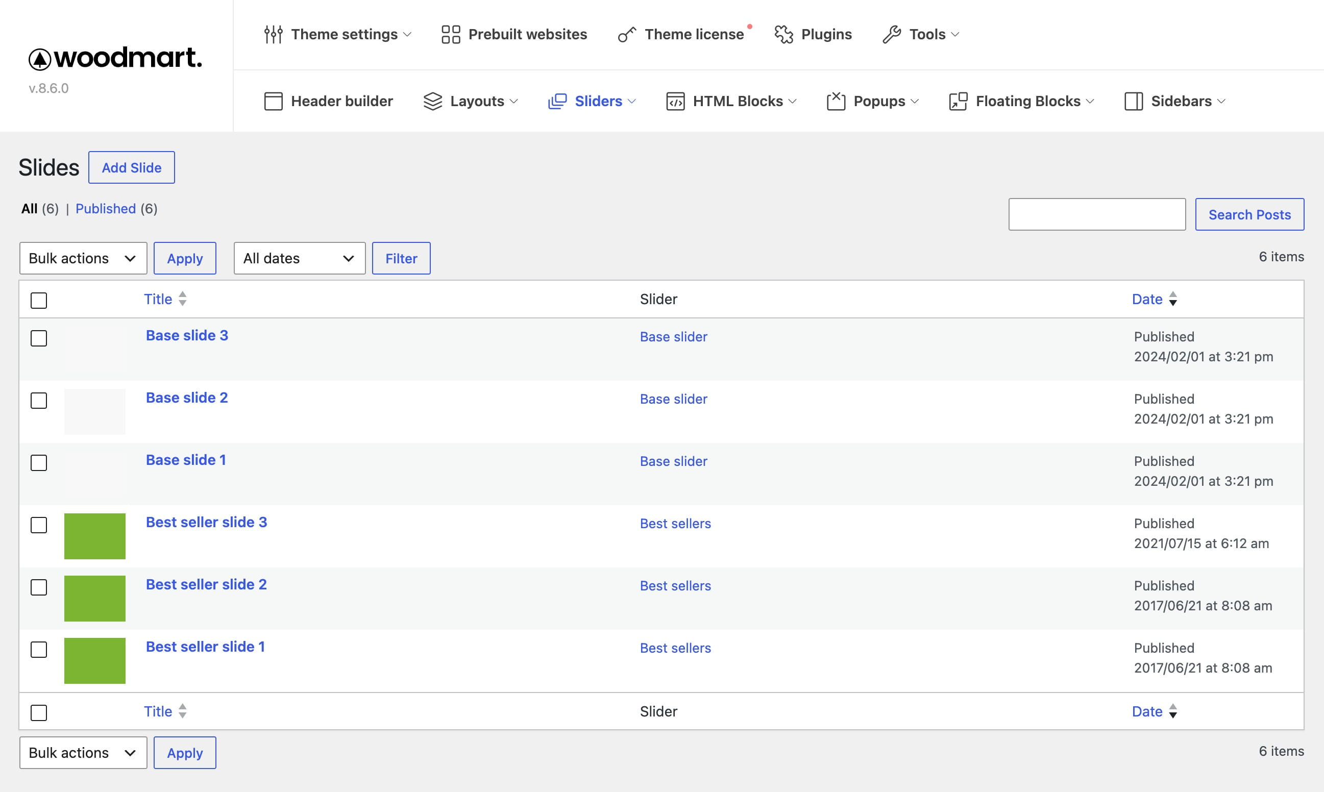 Woodmart Slides backend page