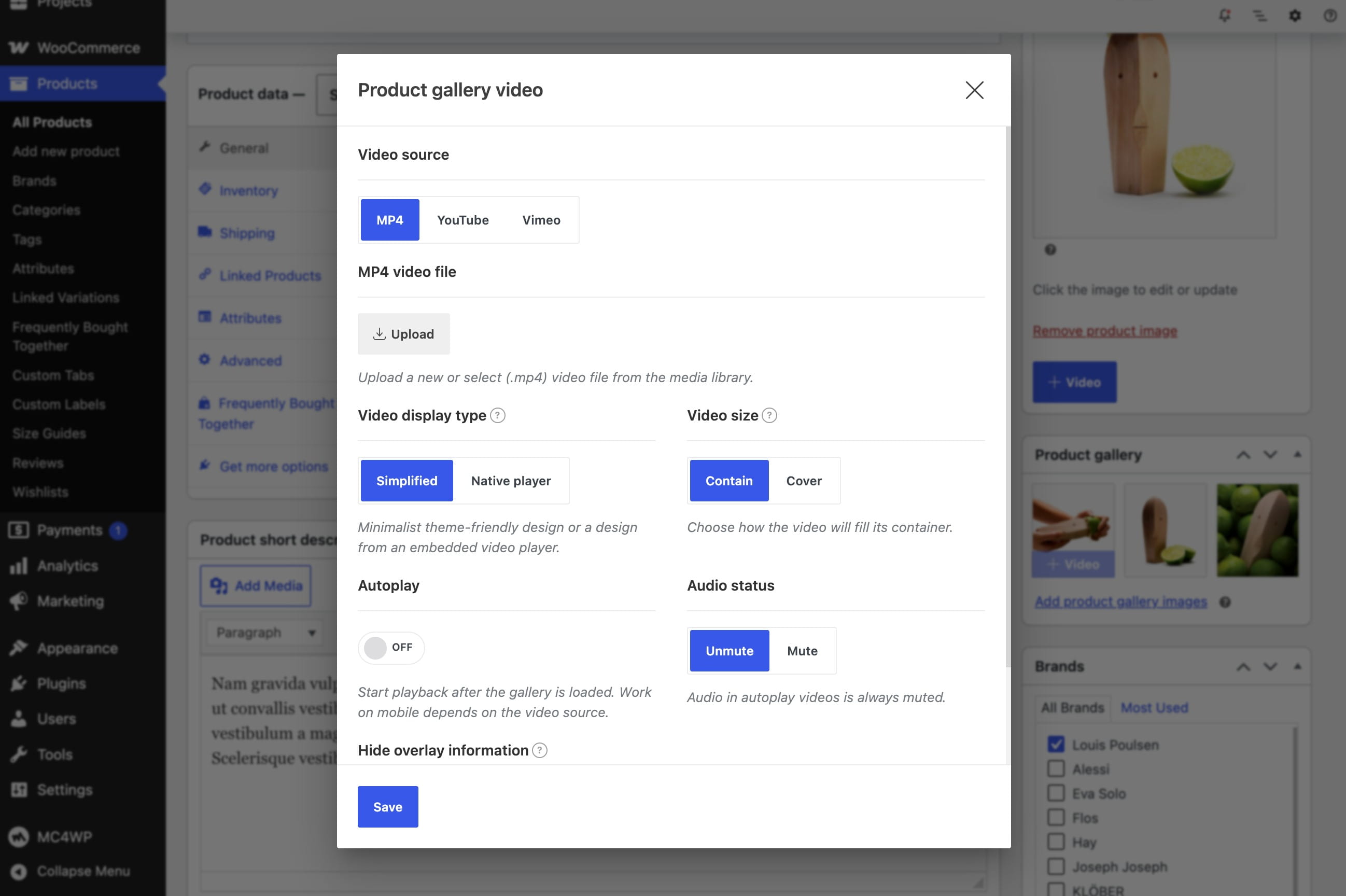 Product gallery video settings dialog