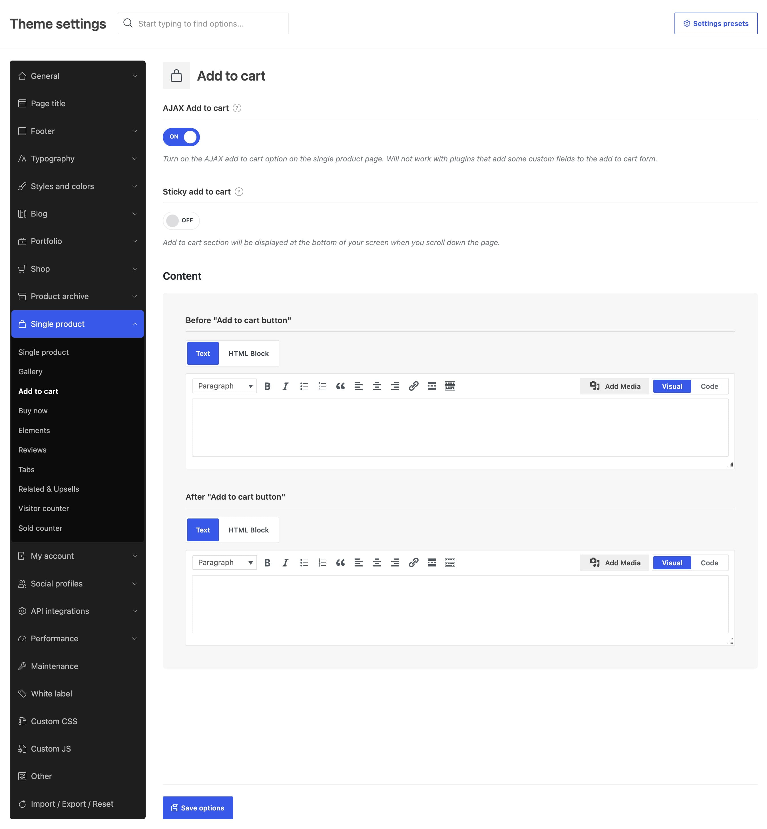 single product add to cart settings full page