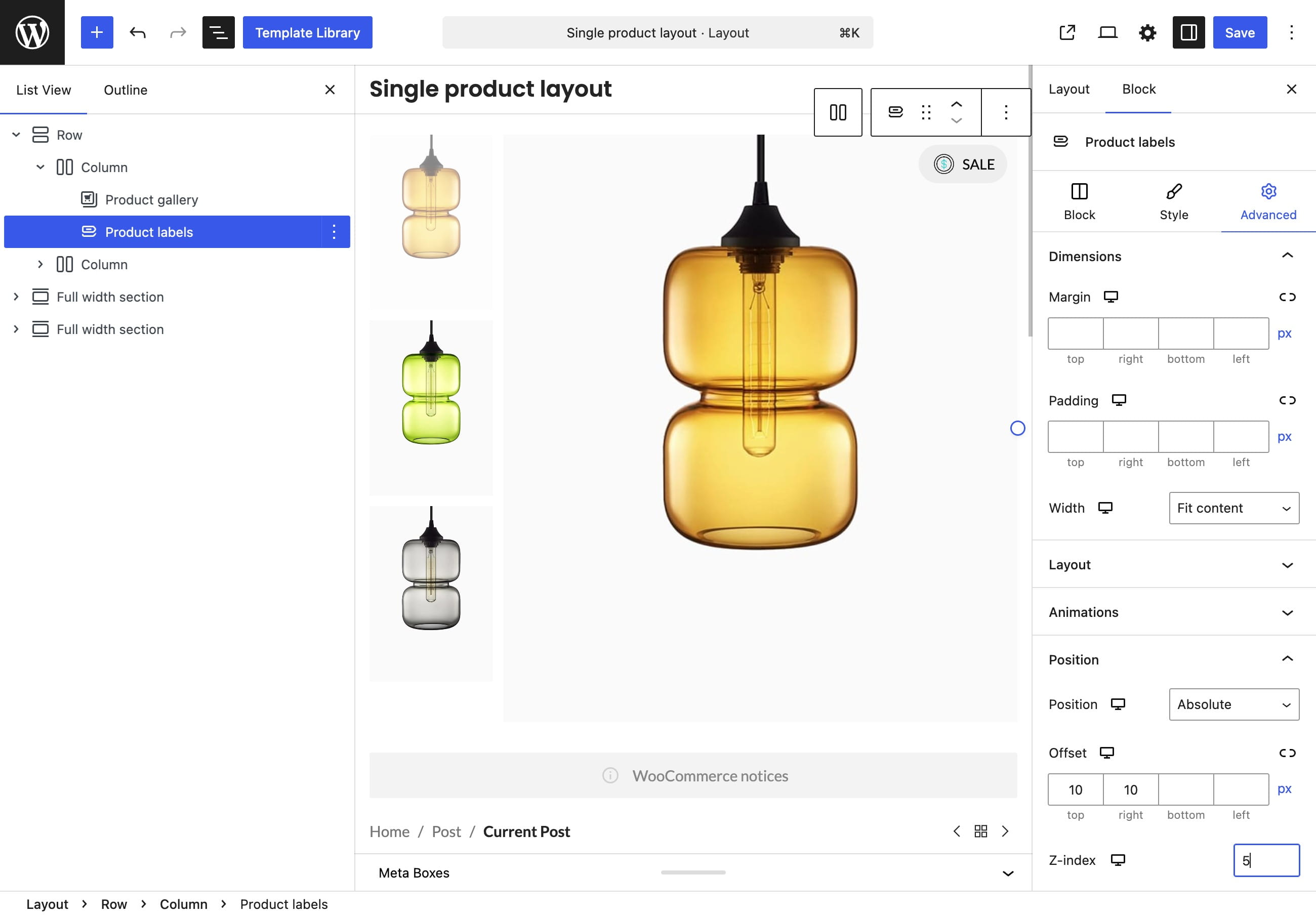 single product custom labels element gutenberg