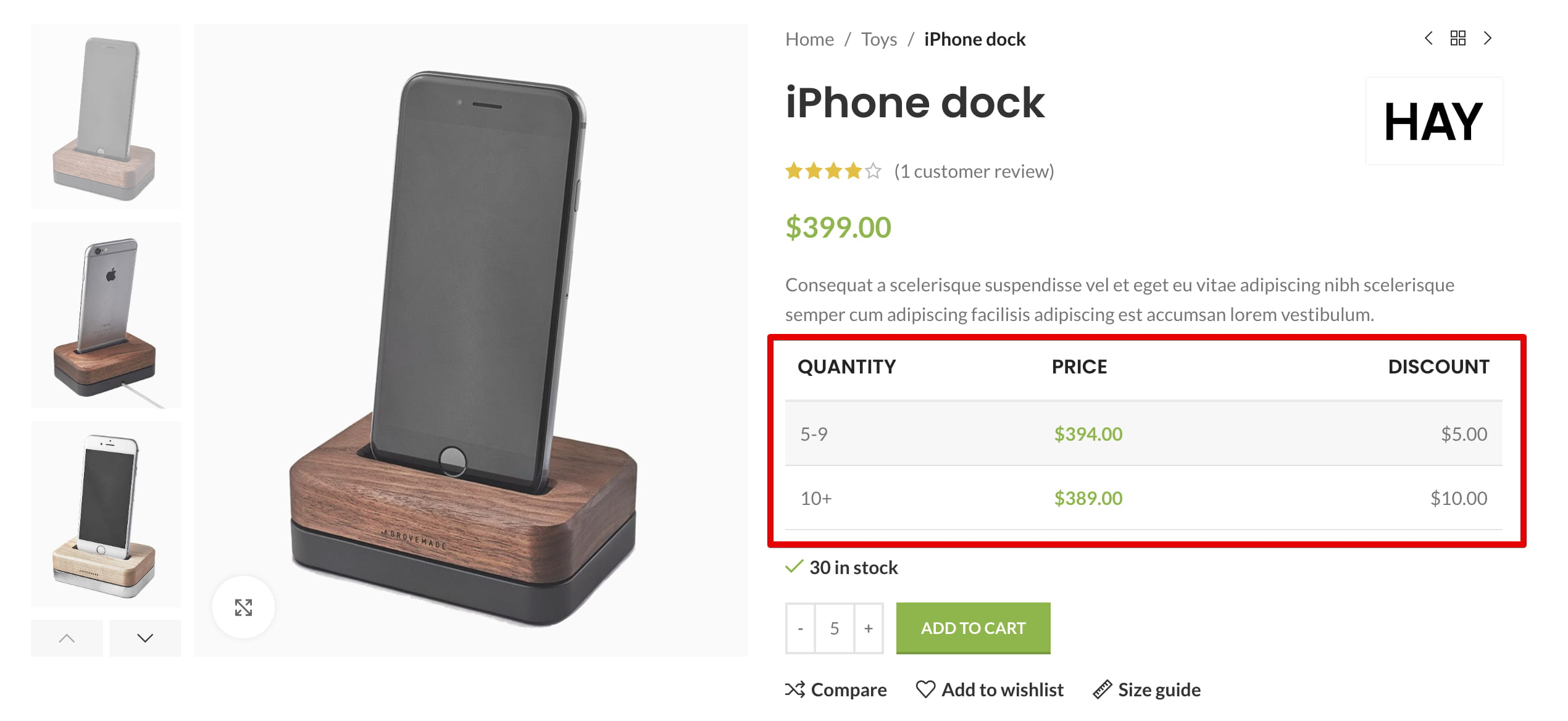 Dynamic discount table on single product