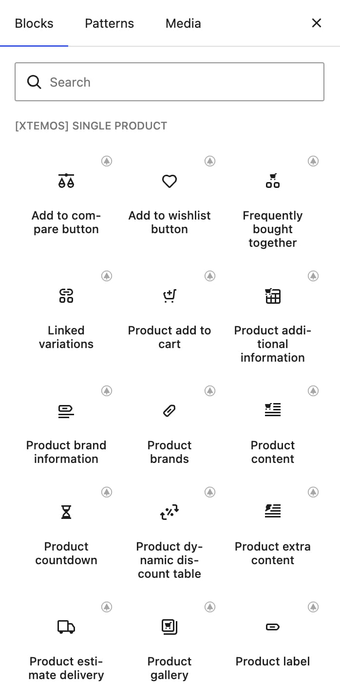 Blocks panel showing single-product block options like add to cart, wishlist, product gallery, and delivery estimate