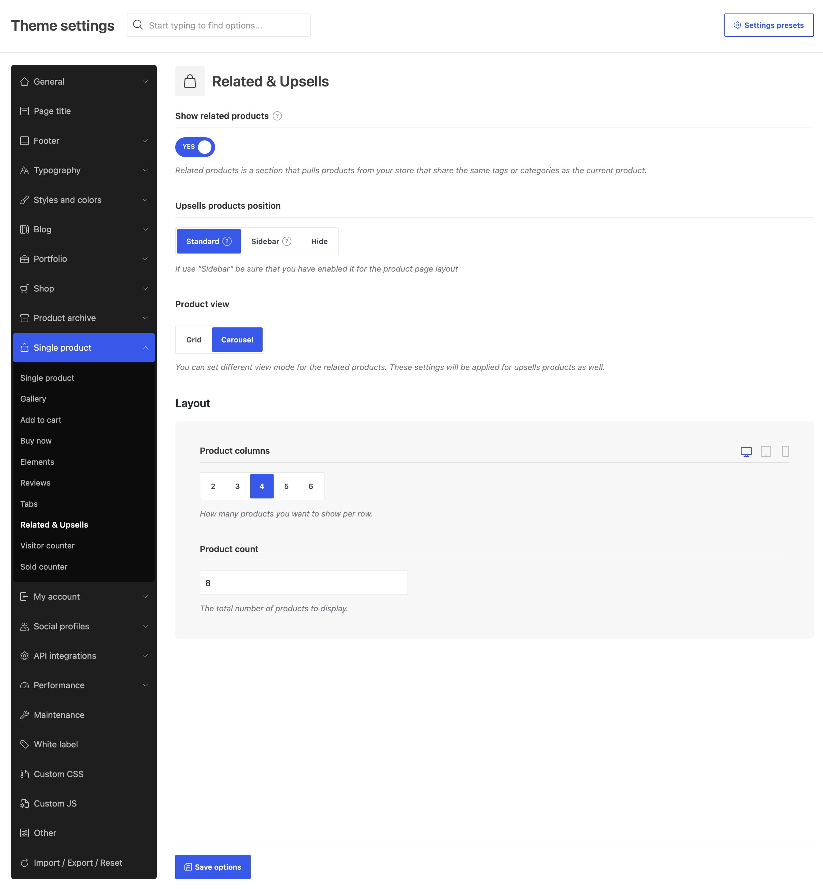 single product related&upsels settings full page