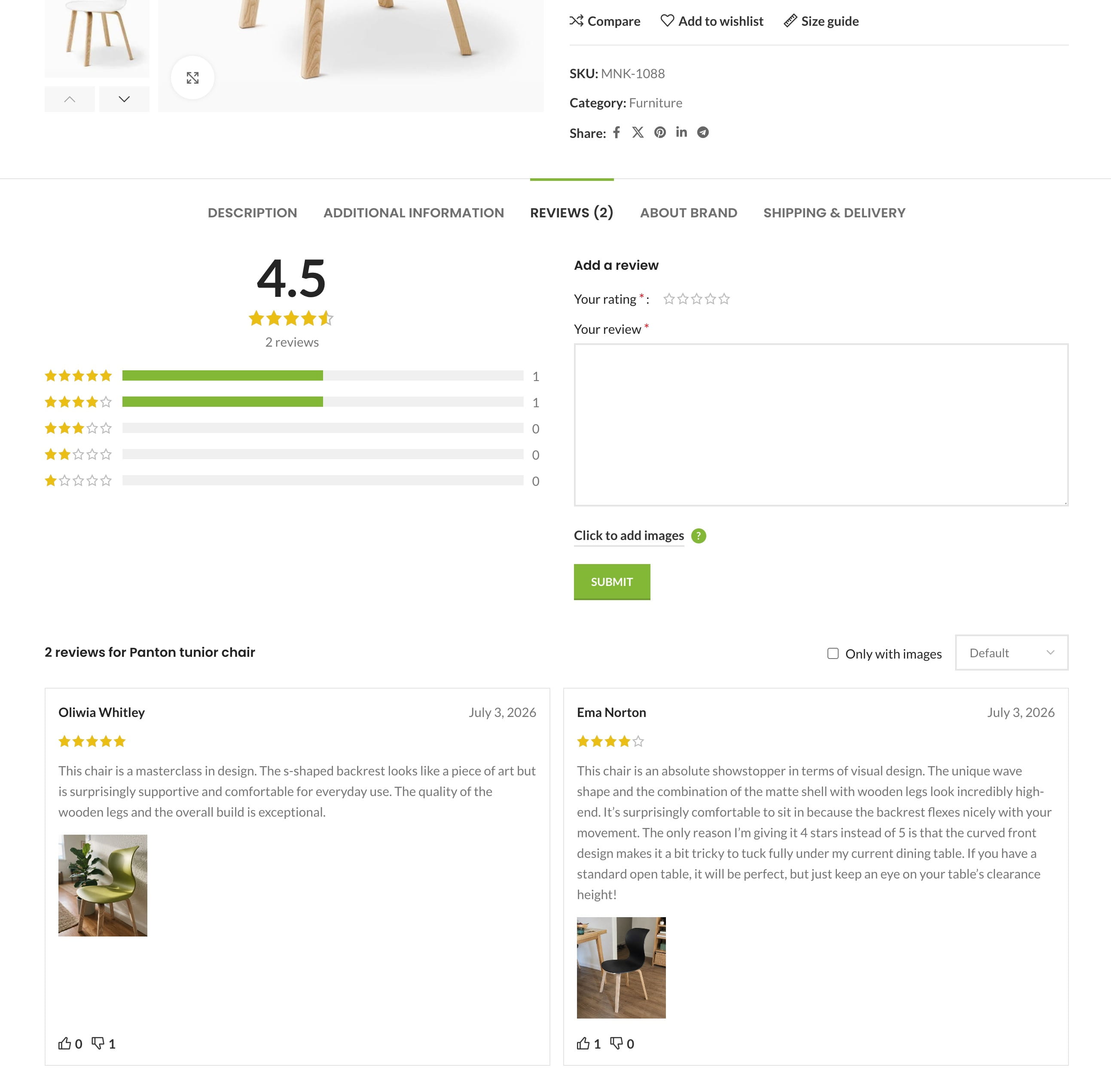 Reviews section for Panton junior chair with 4.5-star rating and two customer reviews