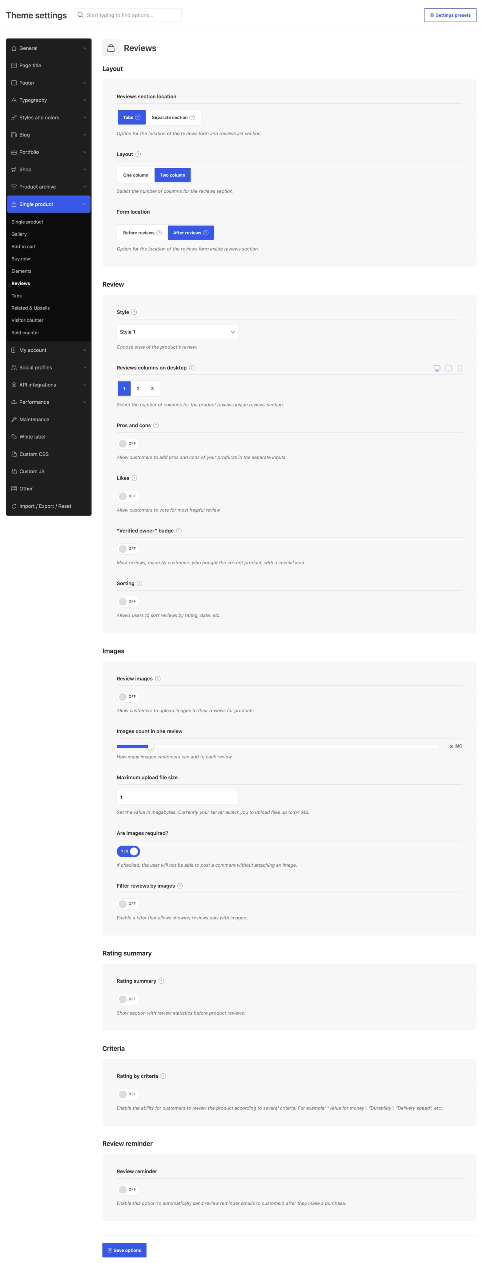 single product reviews settings full page