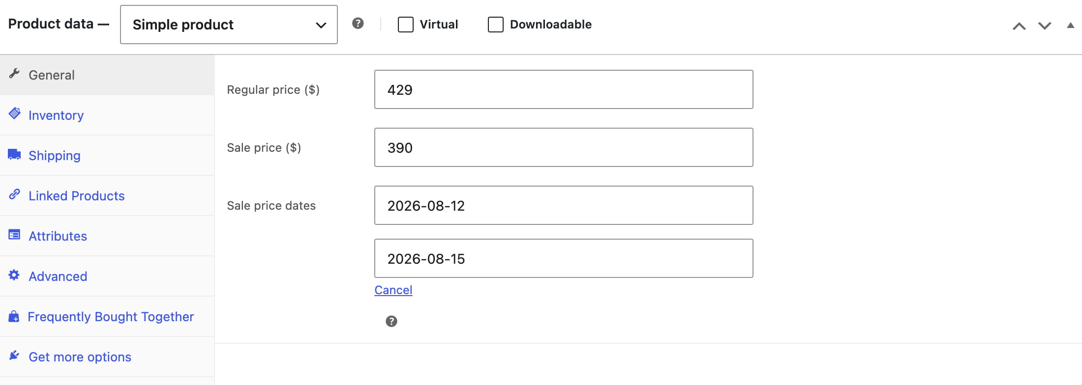 WooCommerce product data panel showing regular price, sale price, and sale date fields