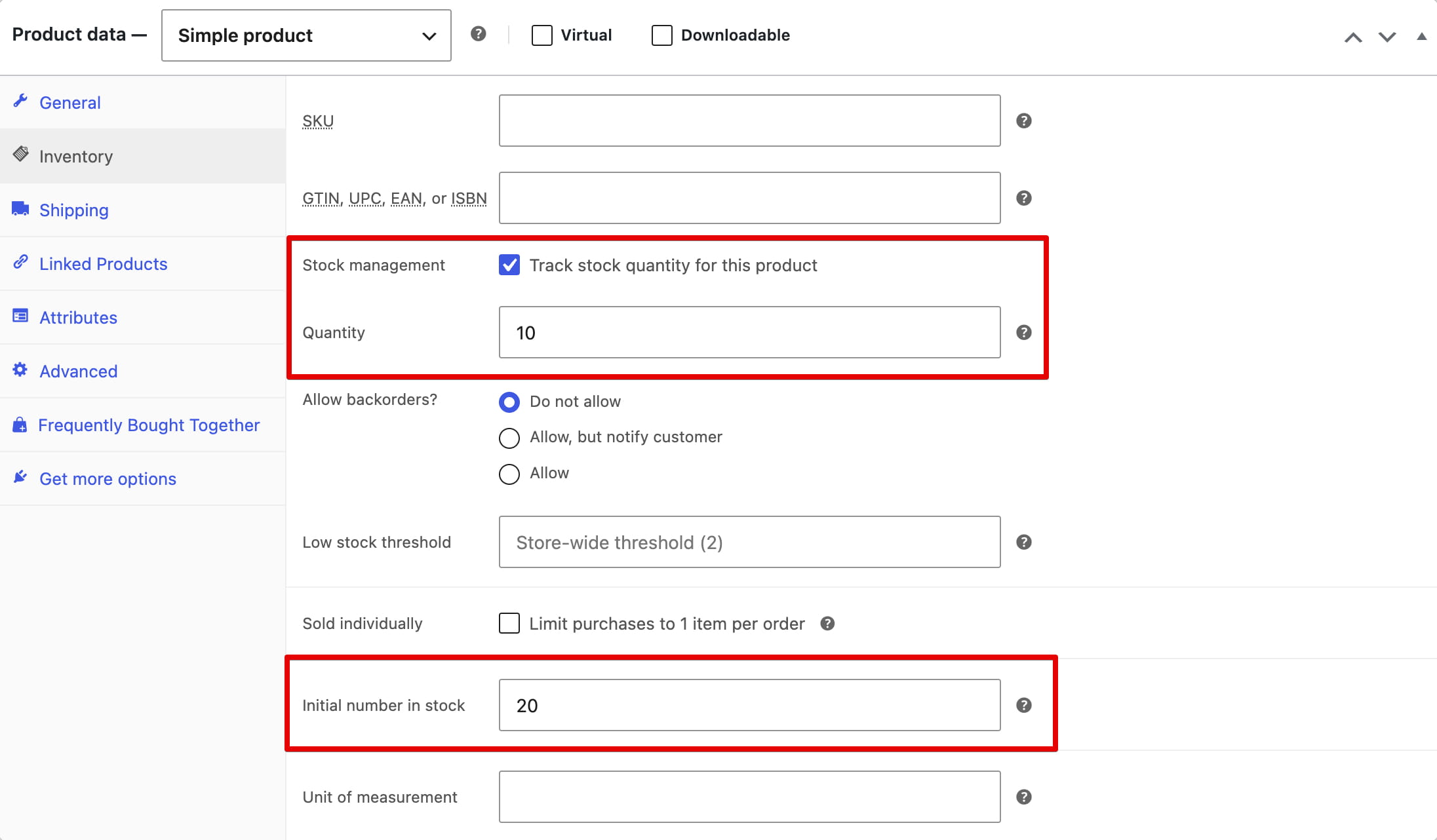 WooCommerce product inventory settings showing stock quantity and initial stock fields