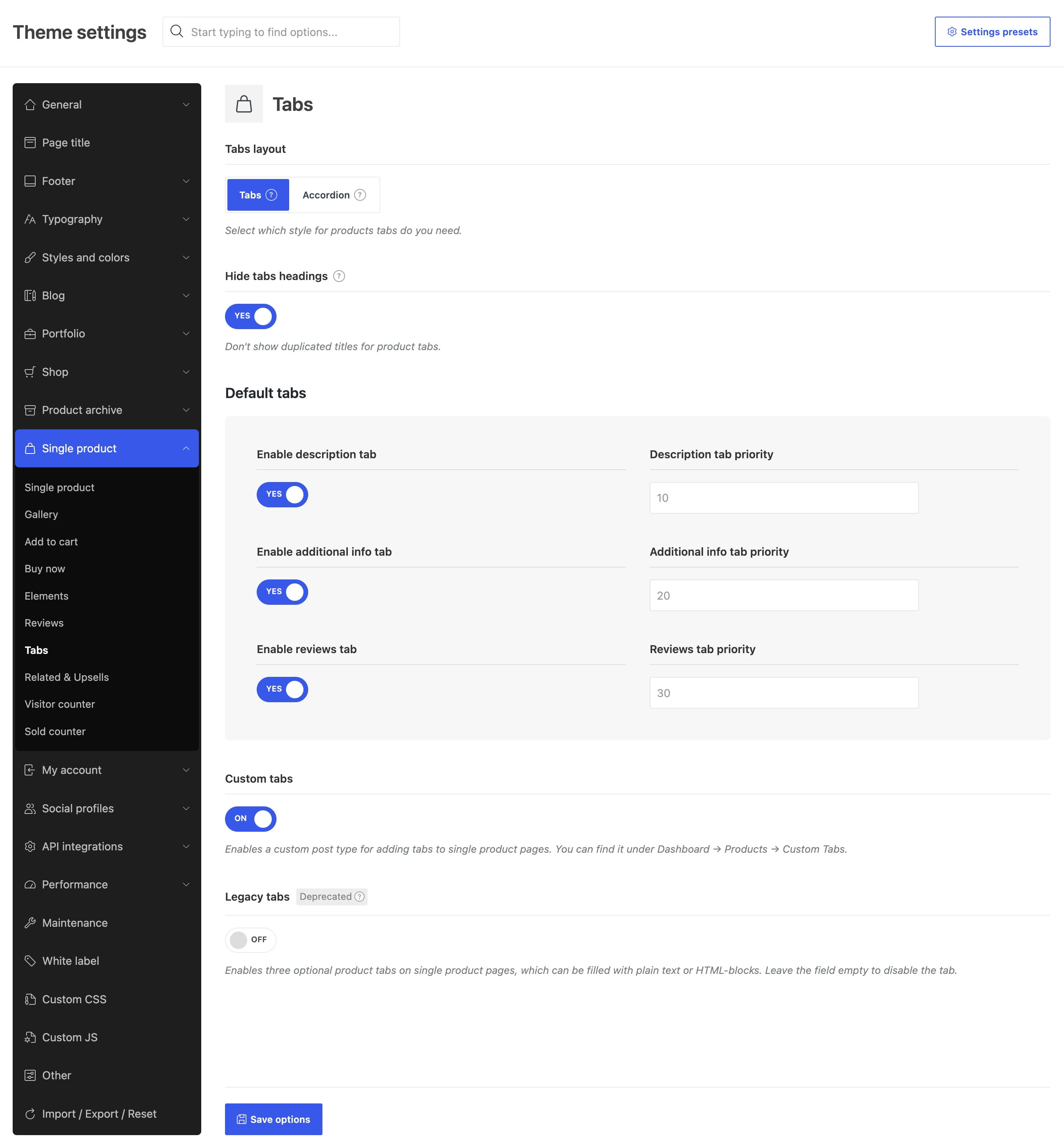 single product tabs settings full page