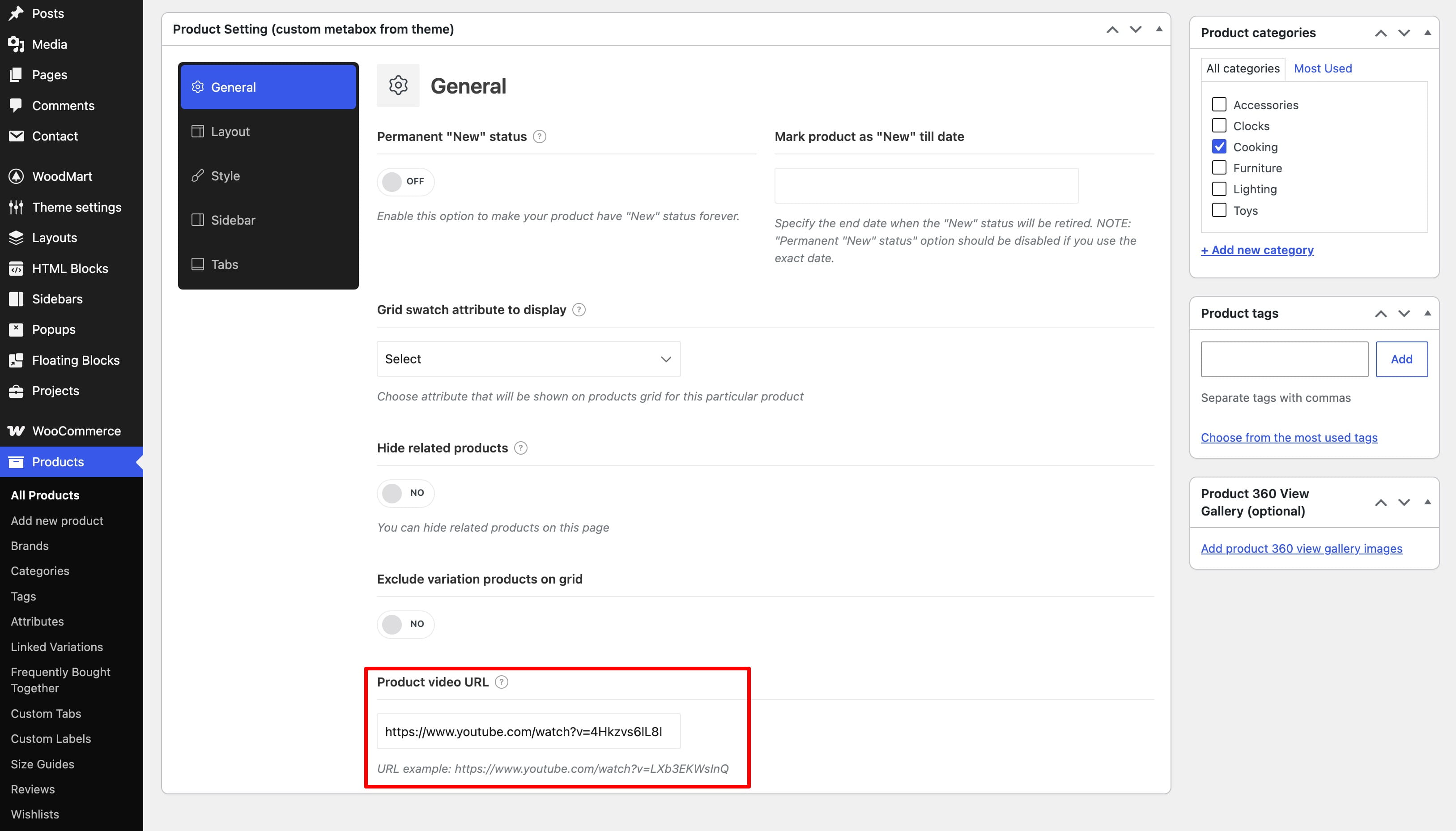 WordPress product settings screen showing a product video URL field with a YouTube link entered