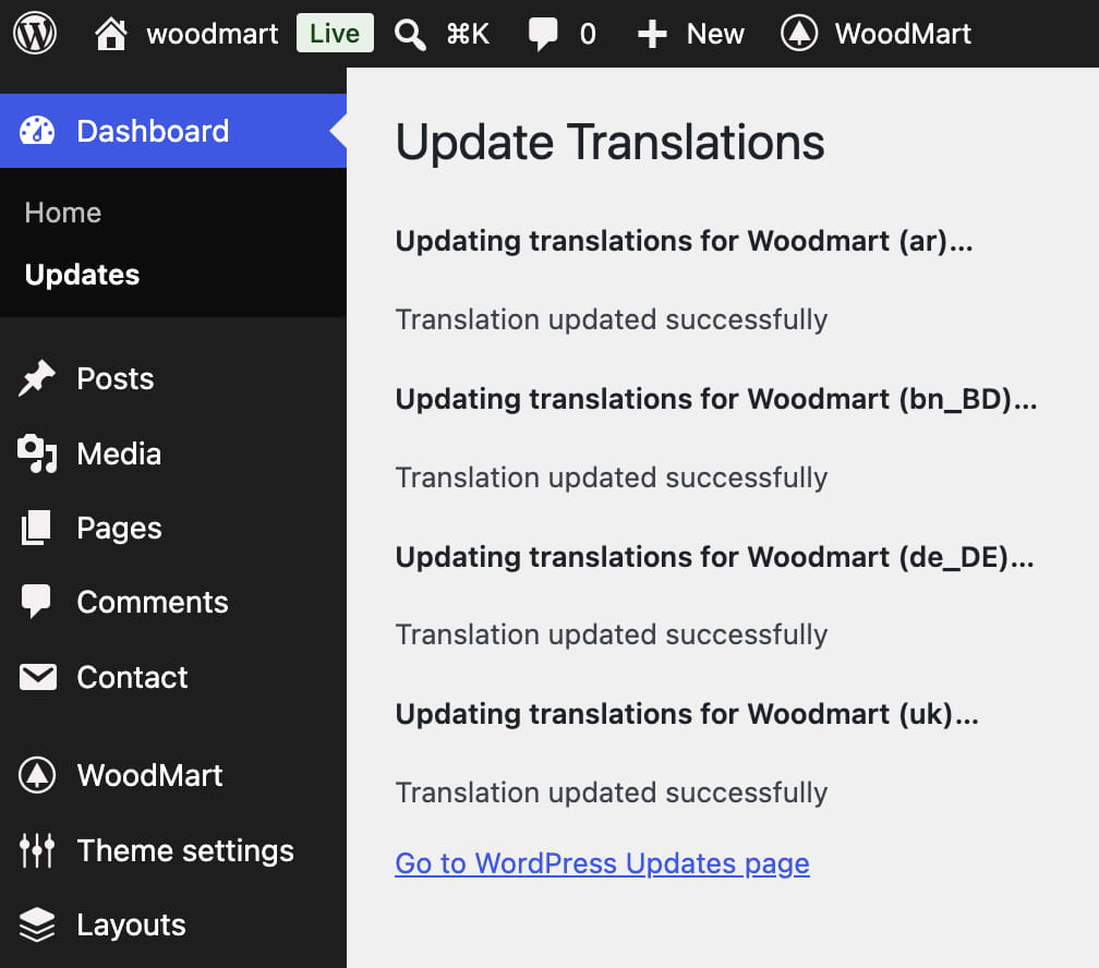 WordPress Update Translations page showing successful Woodmart updates for Arabic, Bengali, German, and Ukrainian