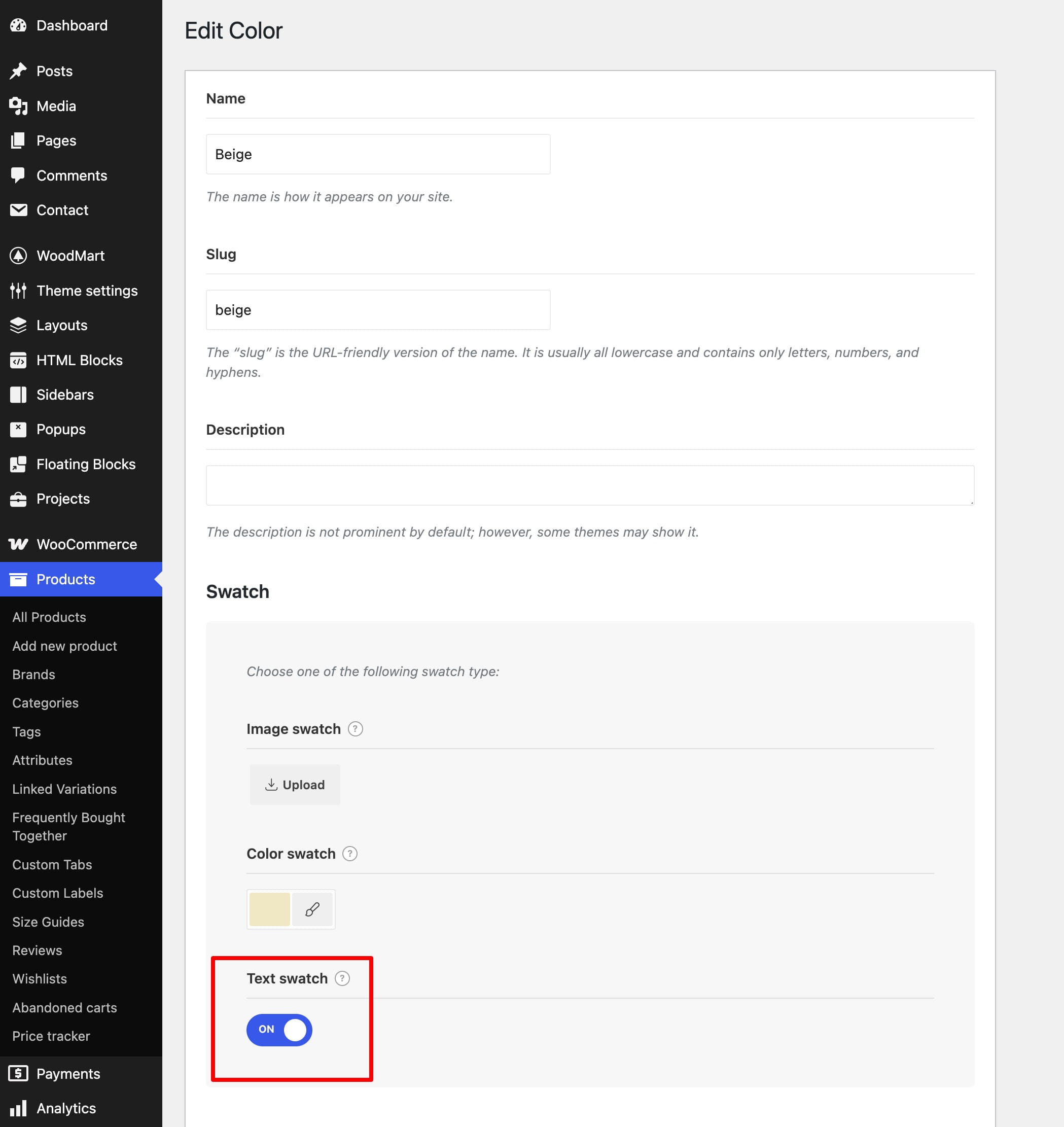 Text swatch toggle turned on