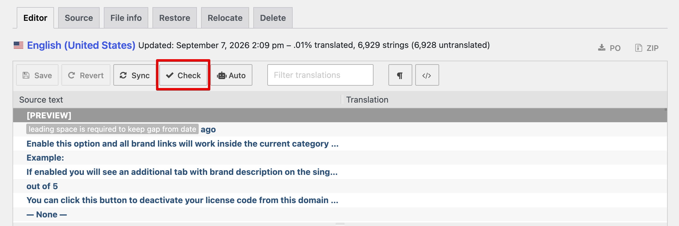 Translation editor interface with the Check button highlighted in red