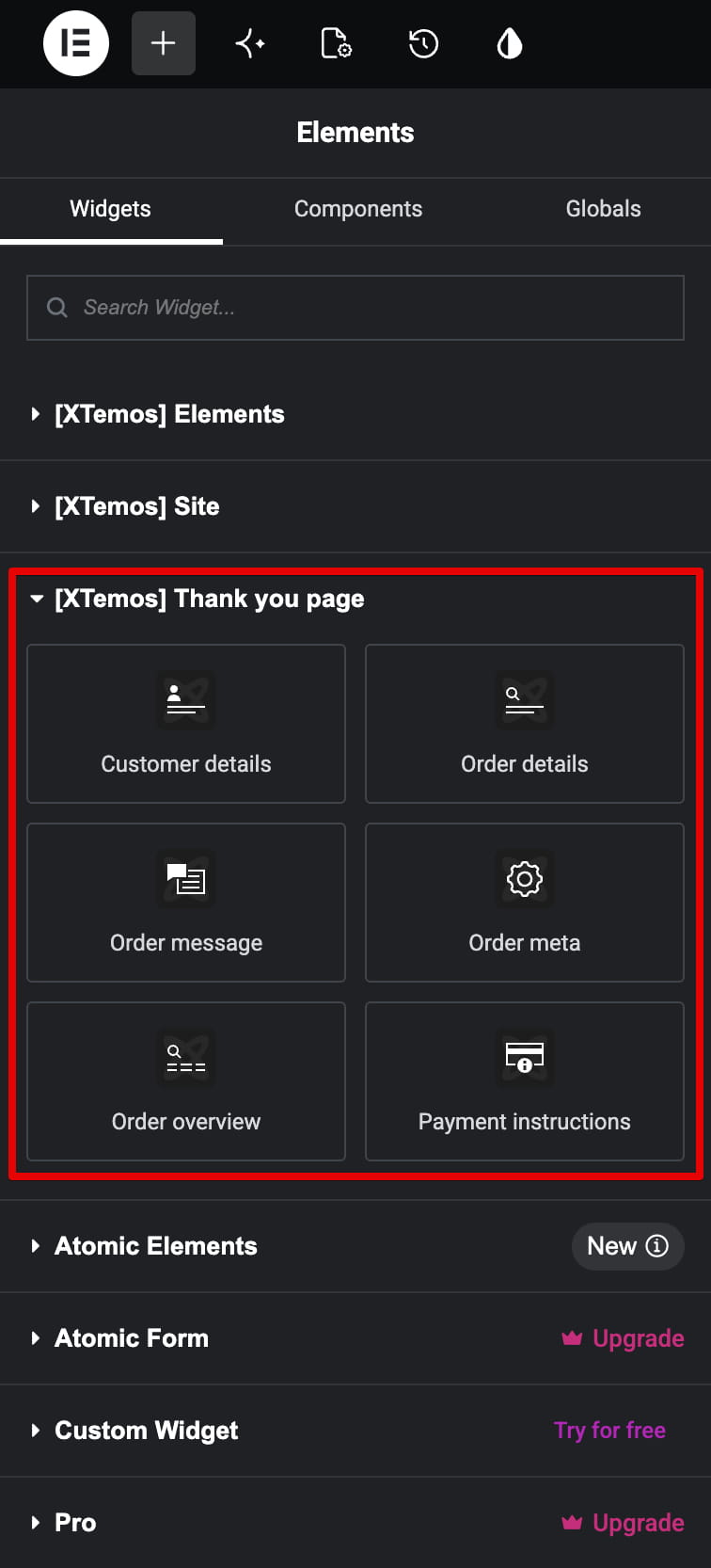 Thank you page layout elements on Elementor