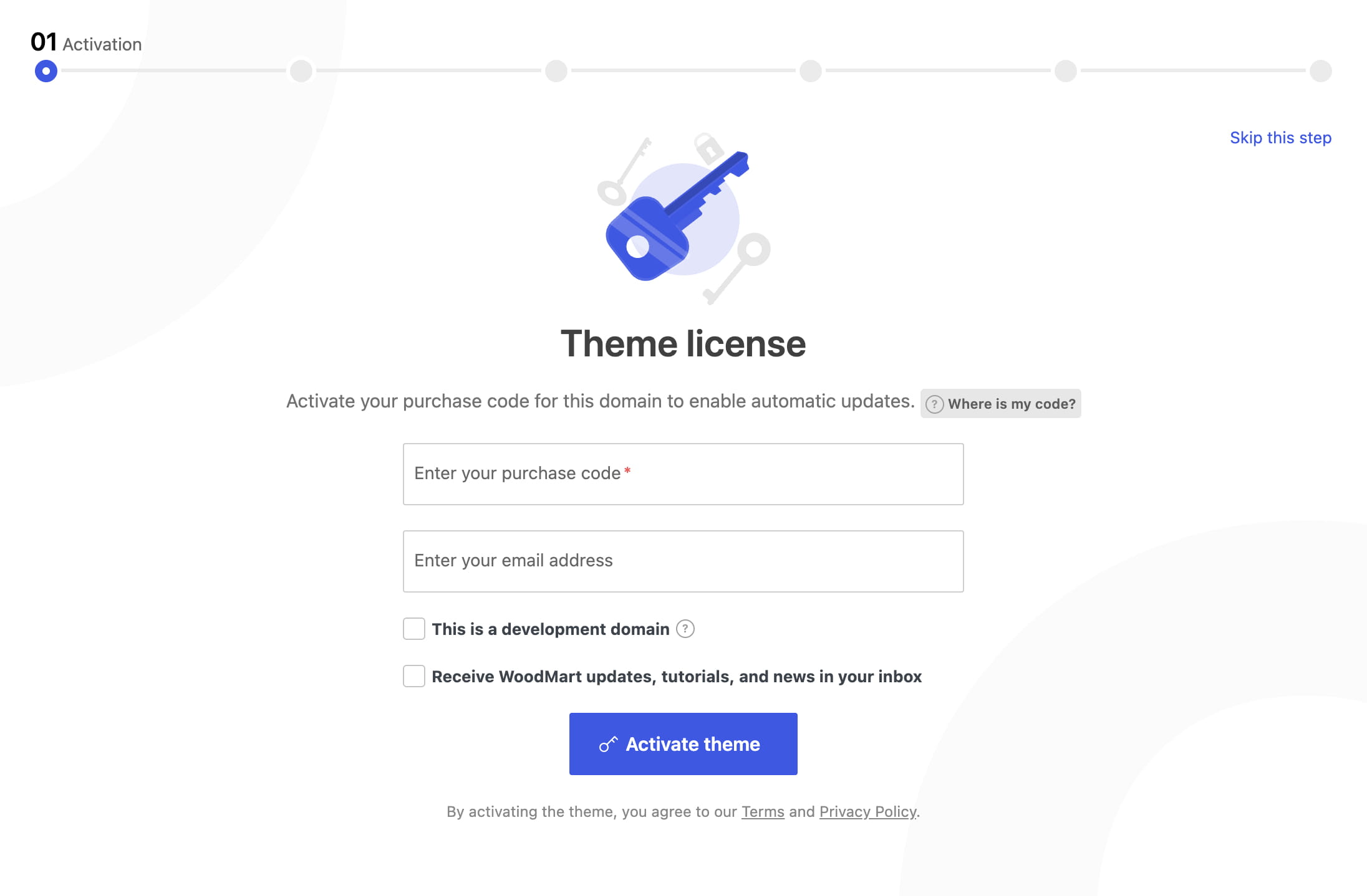 Theme license activation screen with purchase code and email fields, development domain options, and an Activate theme button