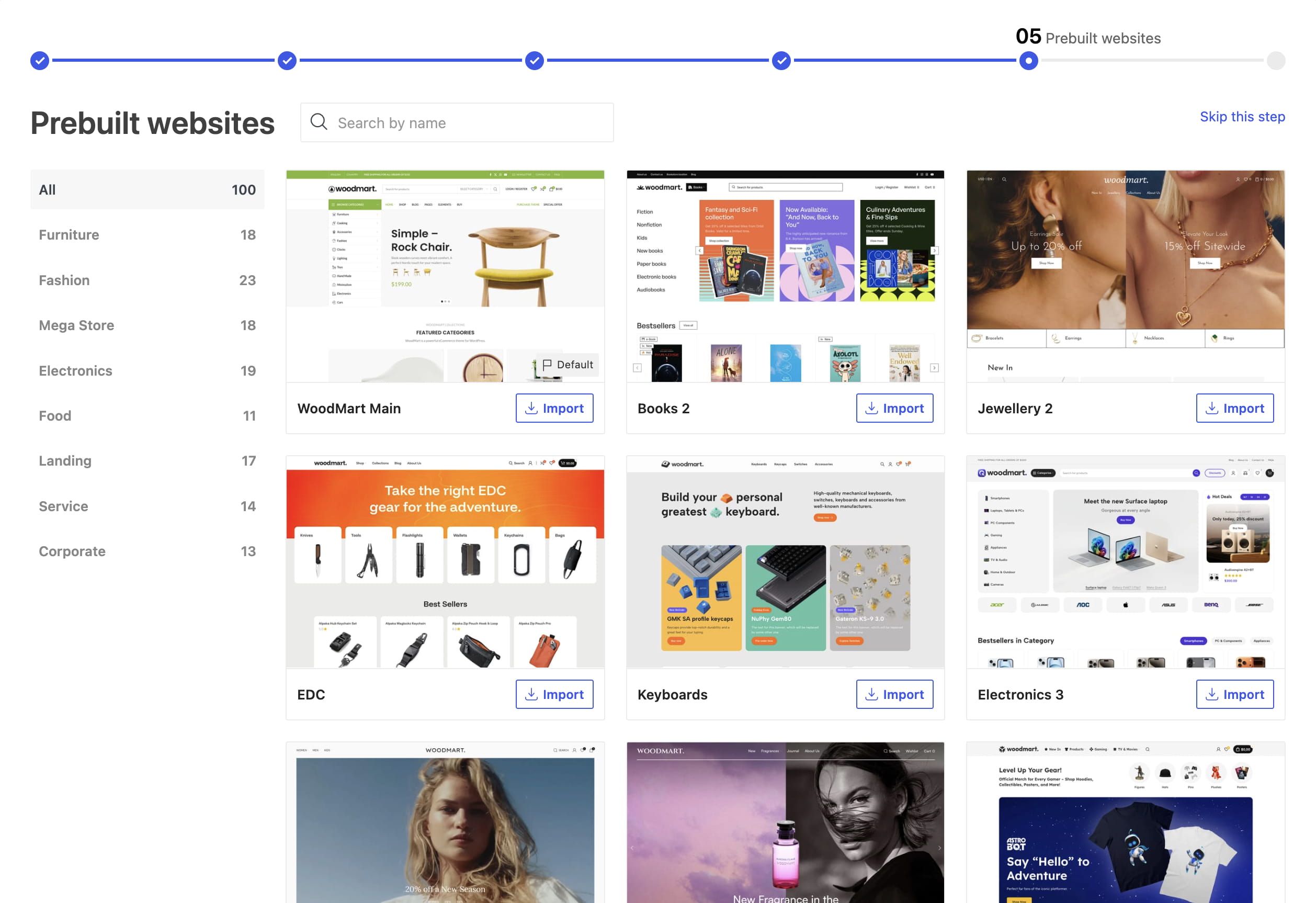 Prebuilt websites selection screen with category filters, search field, and website templates with Import buttons
