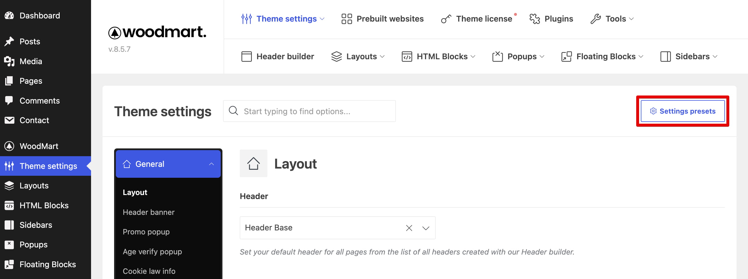 theme settings presets