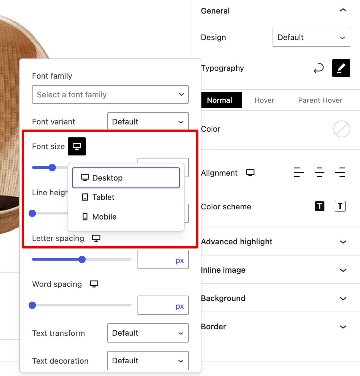 Typography settings panel with font size options for desktop, tablet, and mobile