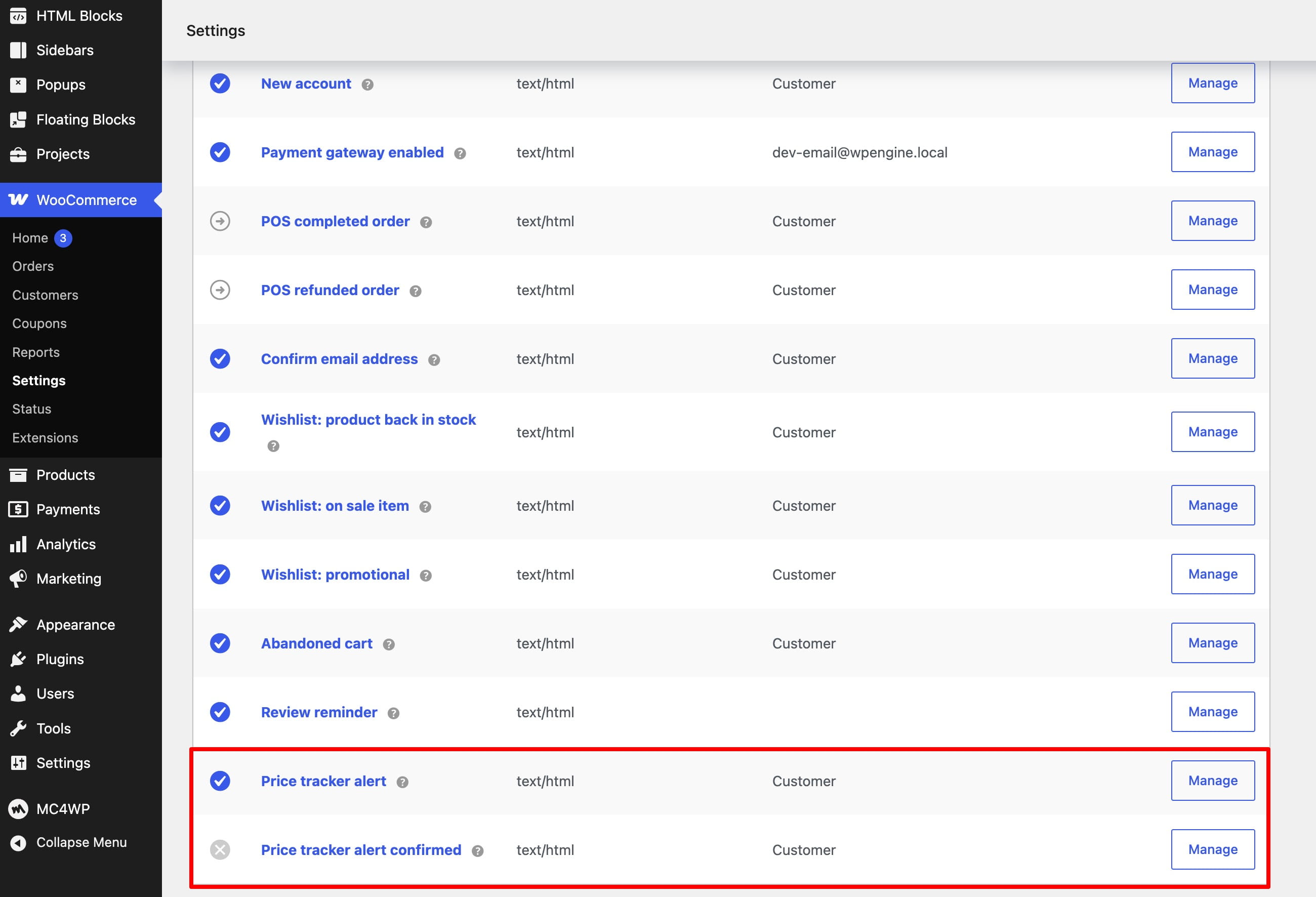 WooCommerce email templates list with Price tracker alert highlighted