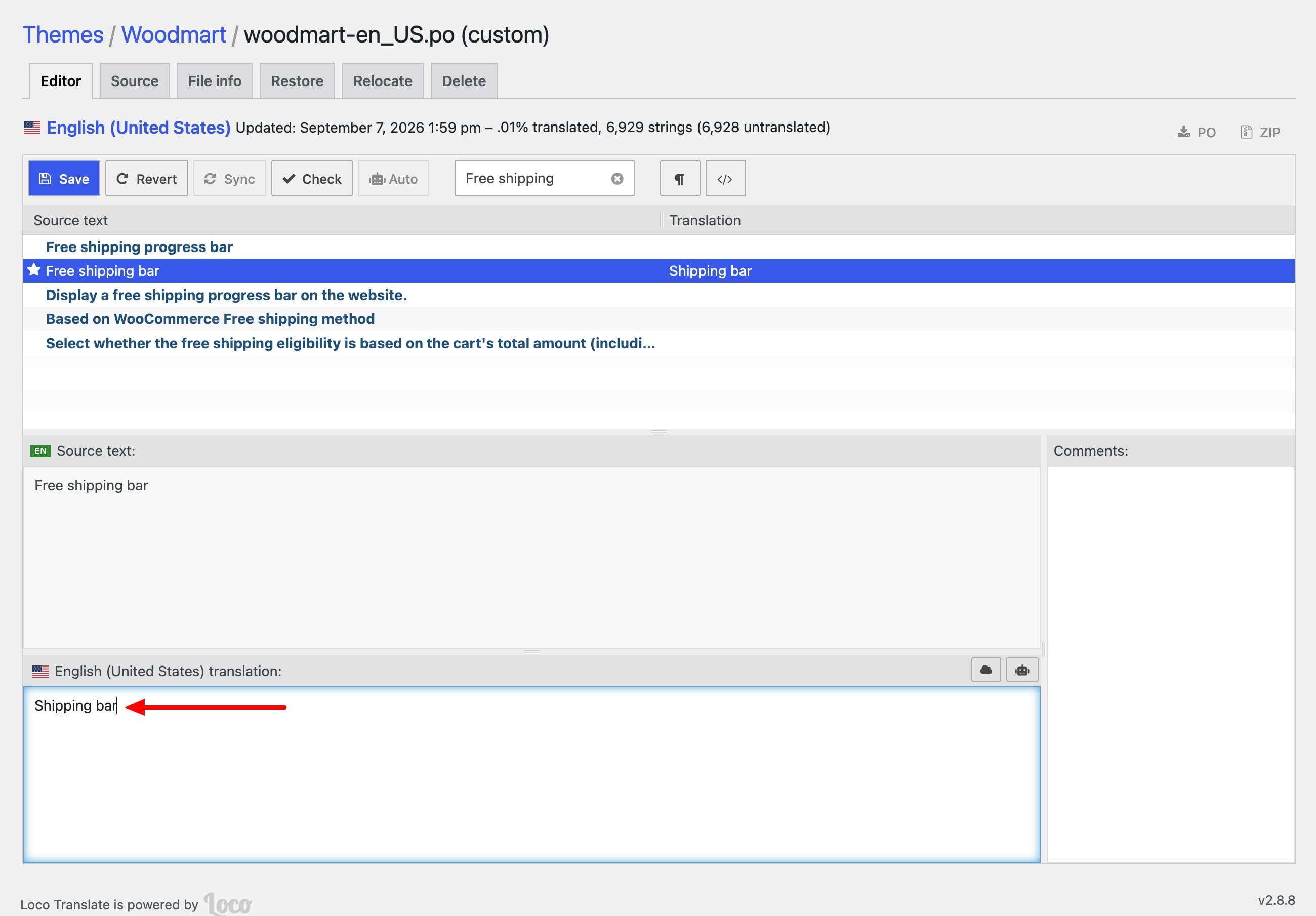 Loco Translate editor showing “Free shipping bar” translated as “Shipping bar,” with a red arrow pointing to the translation field
