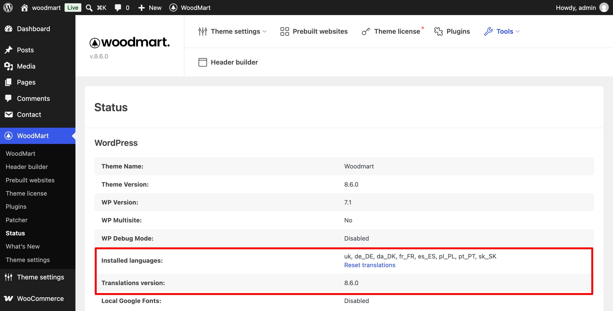 WordPress WoodMart status page showing installed languages and translation version 8.6.0
