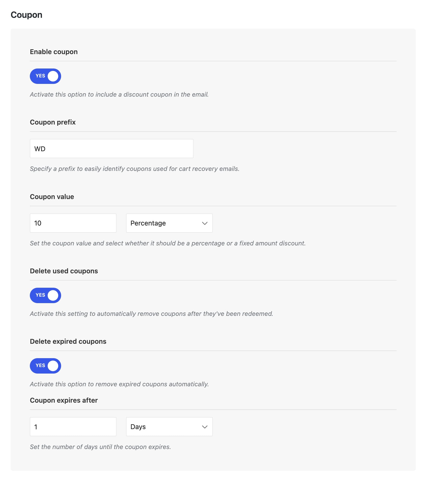 Coupon settings form with coupon enabled, 10% value, and expiration set to 1 day