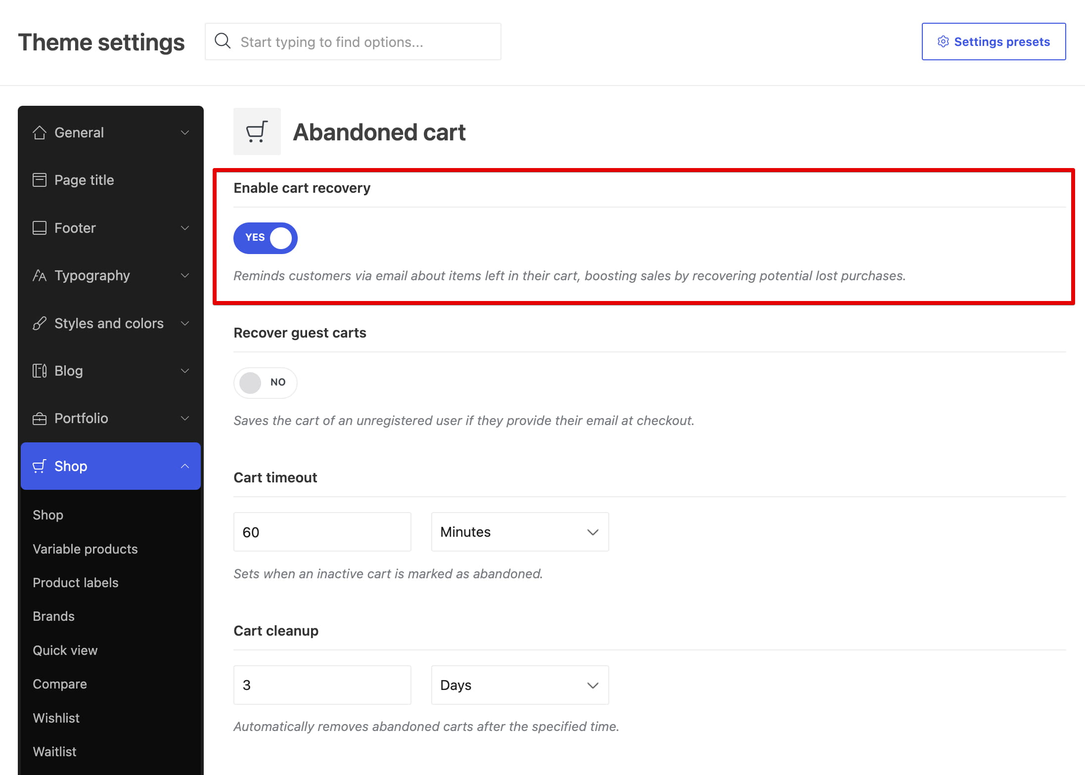 Enable cart recovery