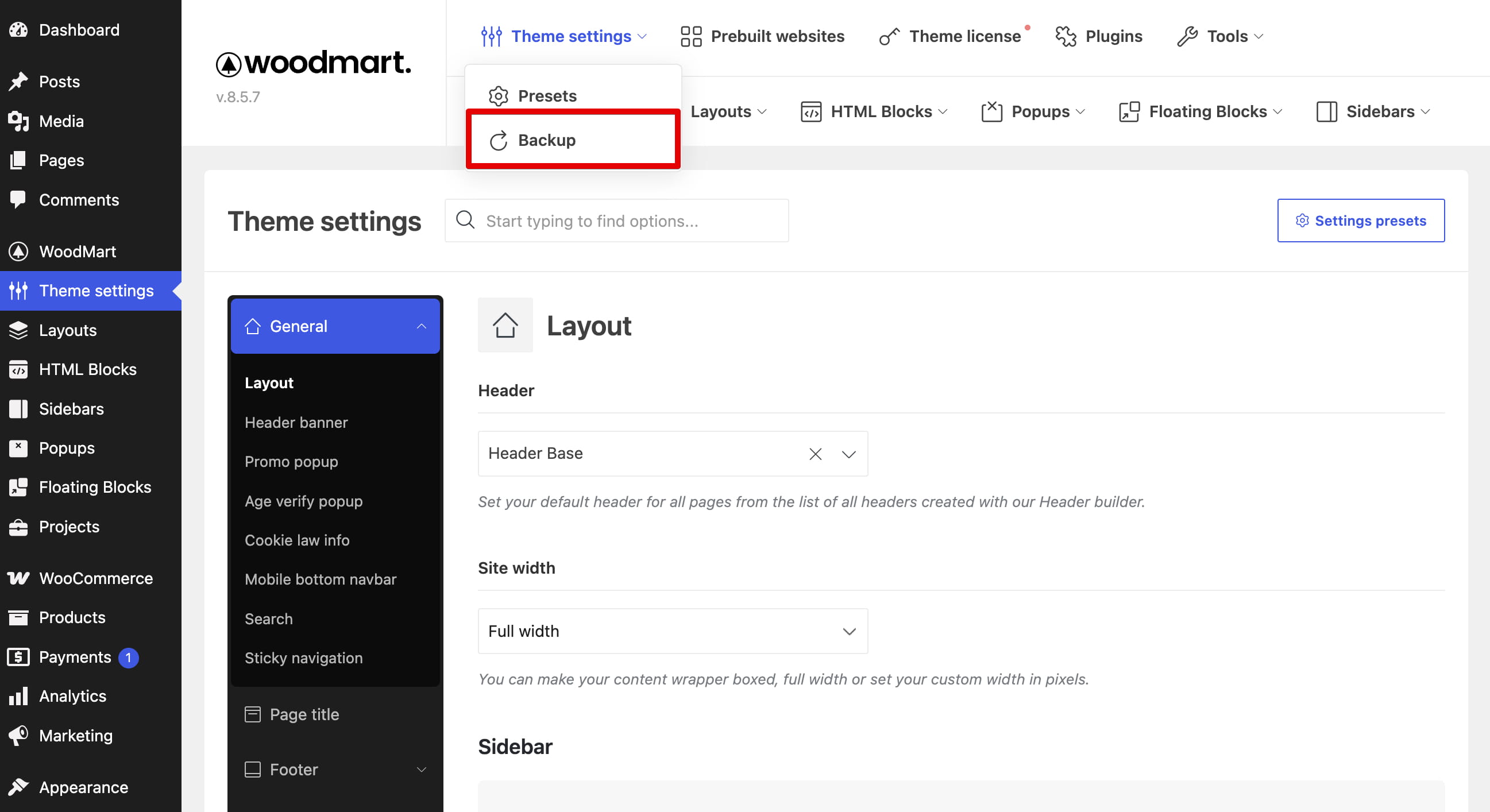 WordPress WoodMart theme settings page with the Backup menu item highlighted