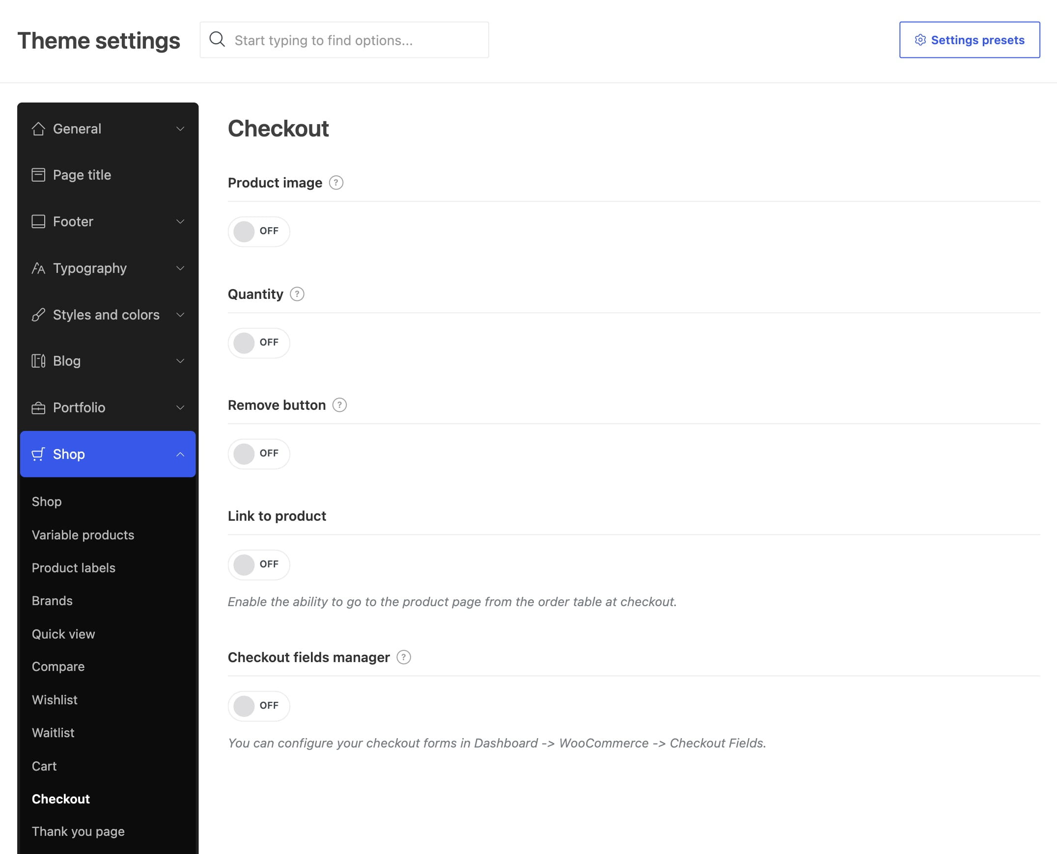 Classic checkout page options in Theme settings