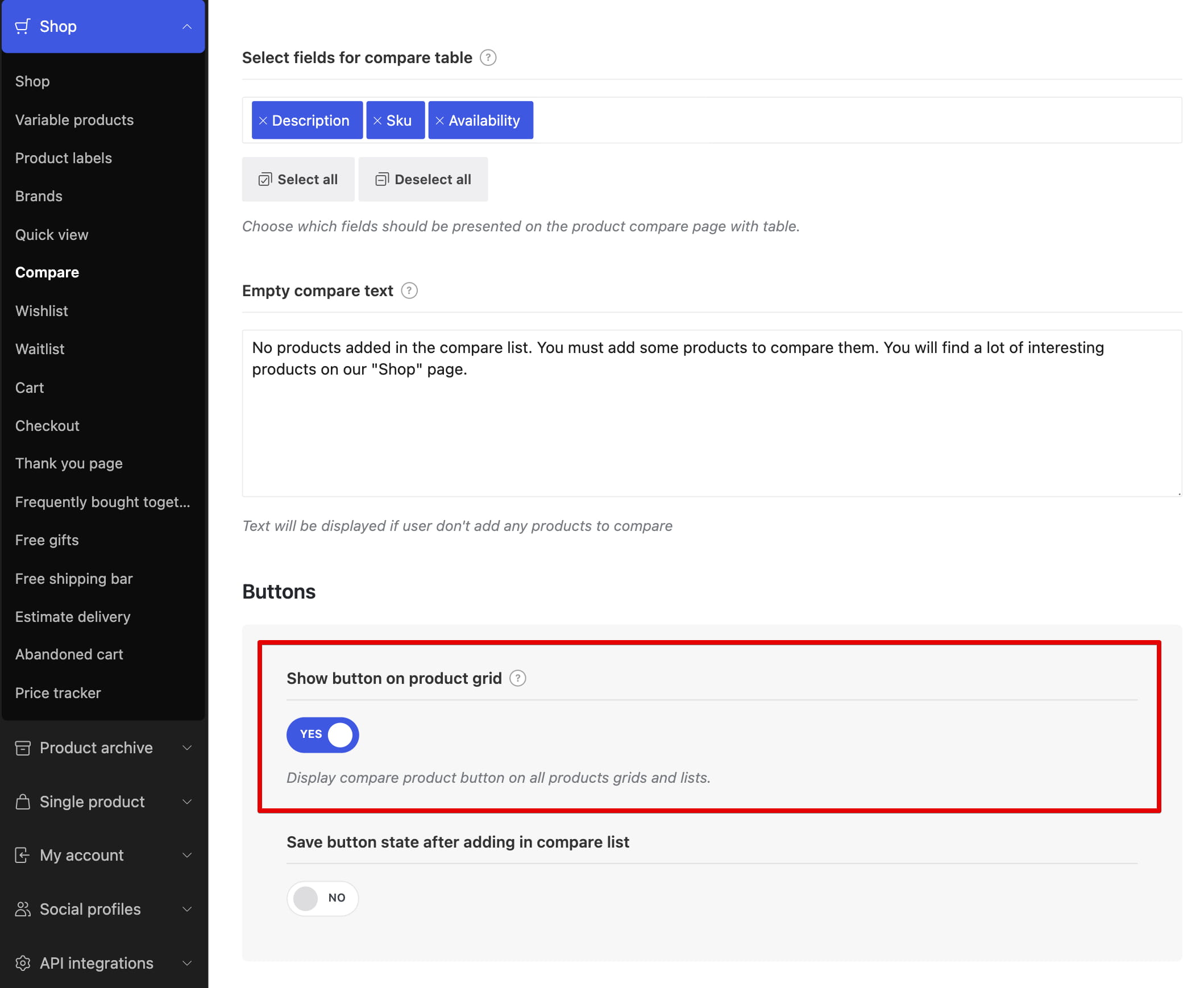 Compare settings page with “Show button on product grid” toggle enabled