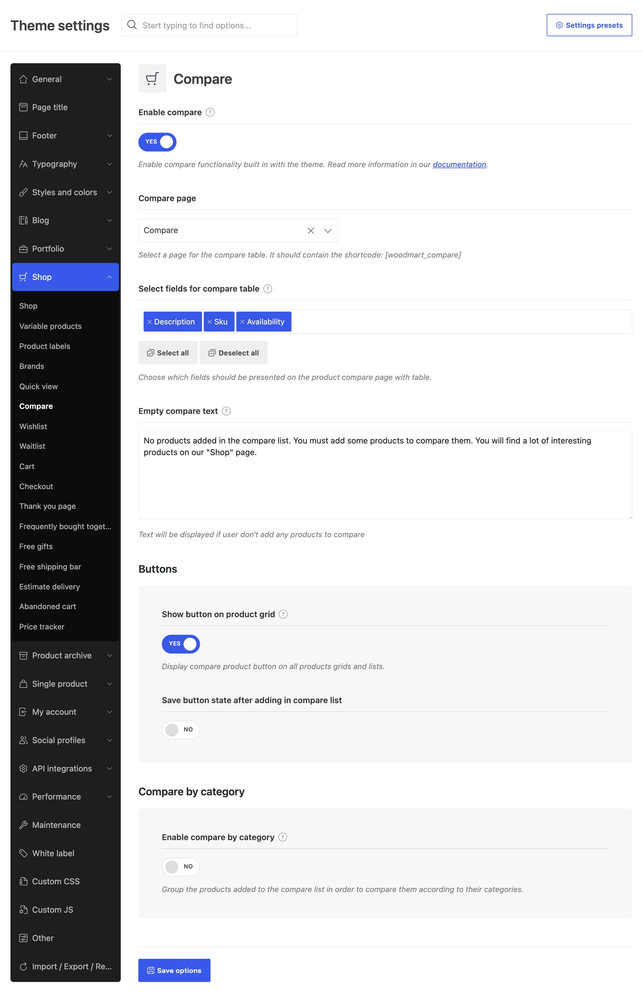 Theme settings page for compare options in an e-commerce admin panel