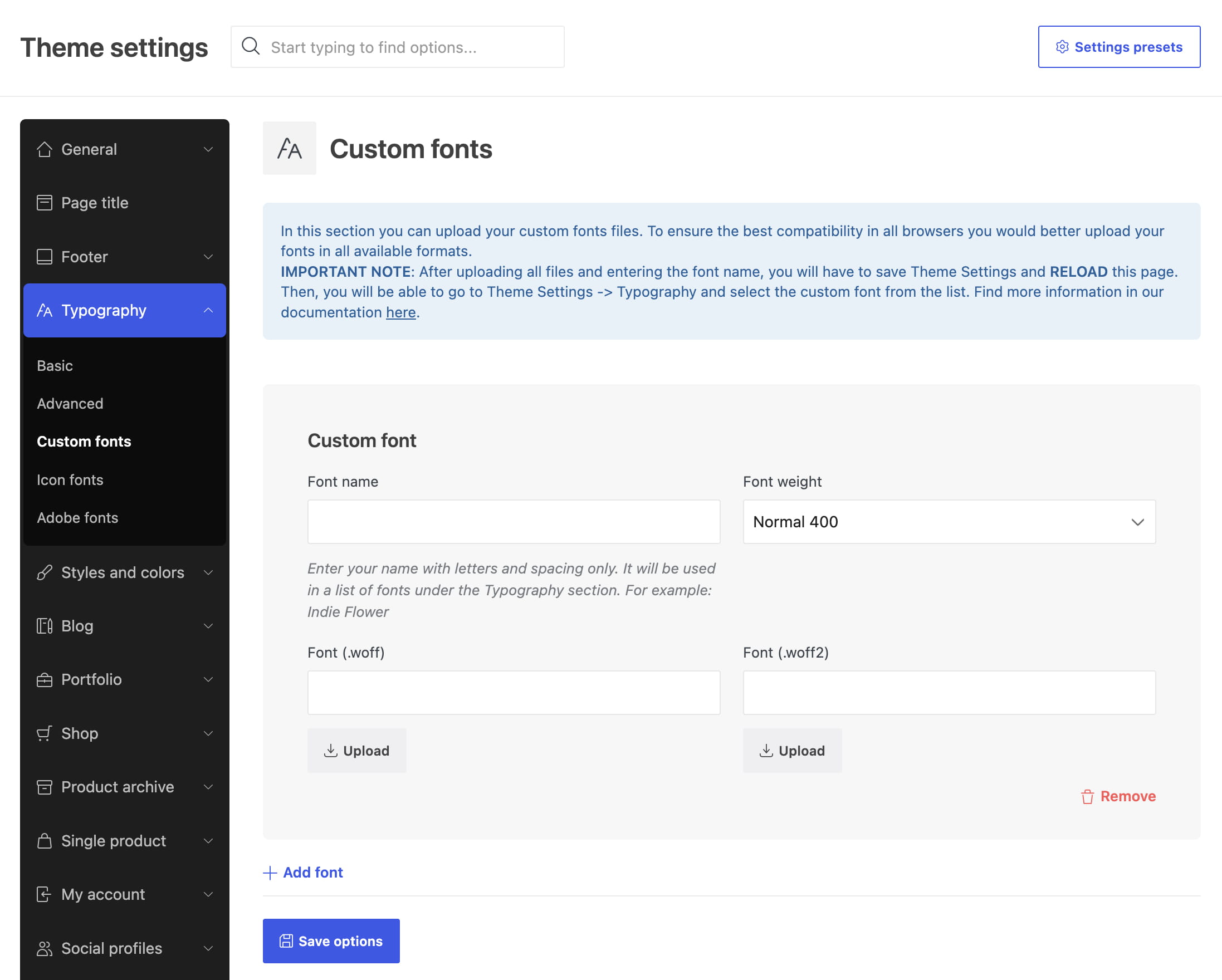 Theme settings page showing Typography > Custom fonts, with font upload fields, weight selection, and save options