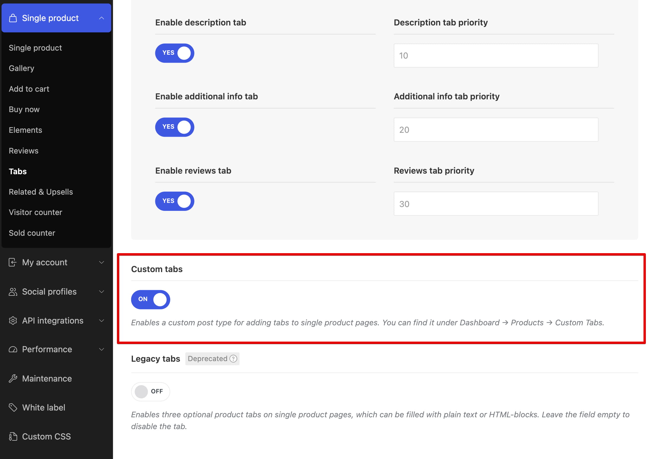 Teme settings custom tabs option