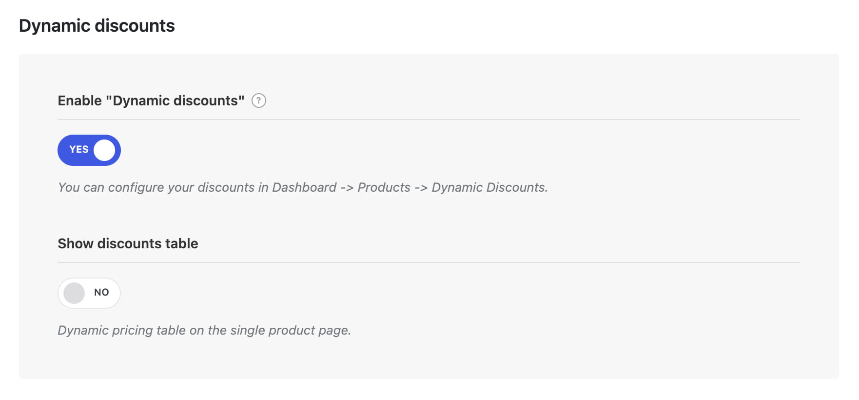 Settings page for dynamic discounts with toggles to enable discounts and show the discounts table