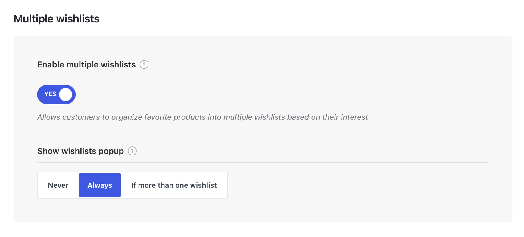 Settings screen for multiple wishlists, with multiple wishlists enabled