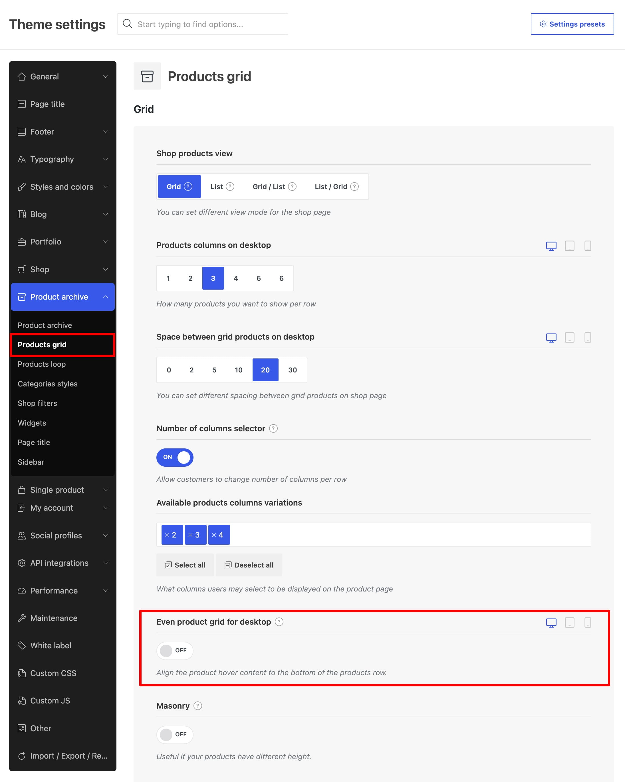 Theme settings page for Products grid in the Product archive section