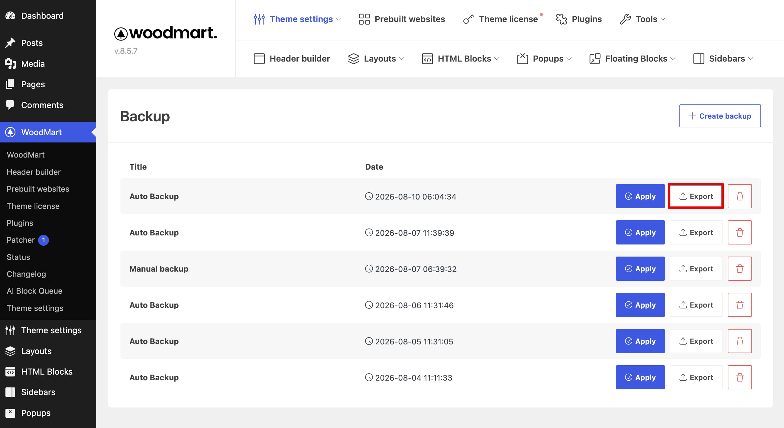 WoodMart backup list with Apply, Export, and delete actions for each backup