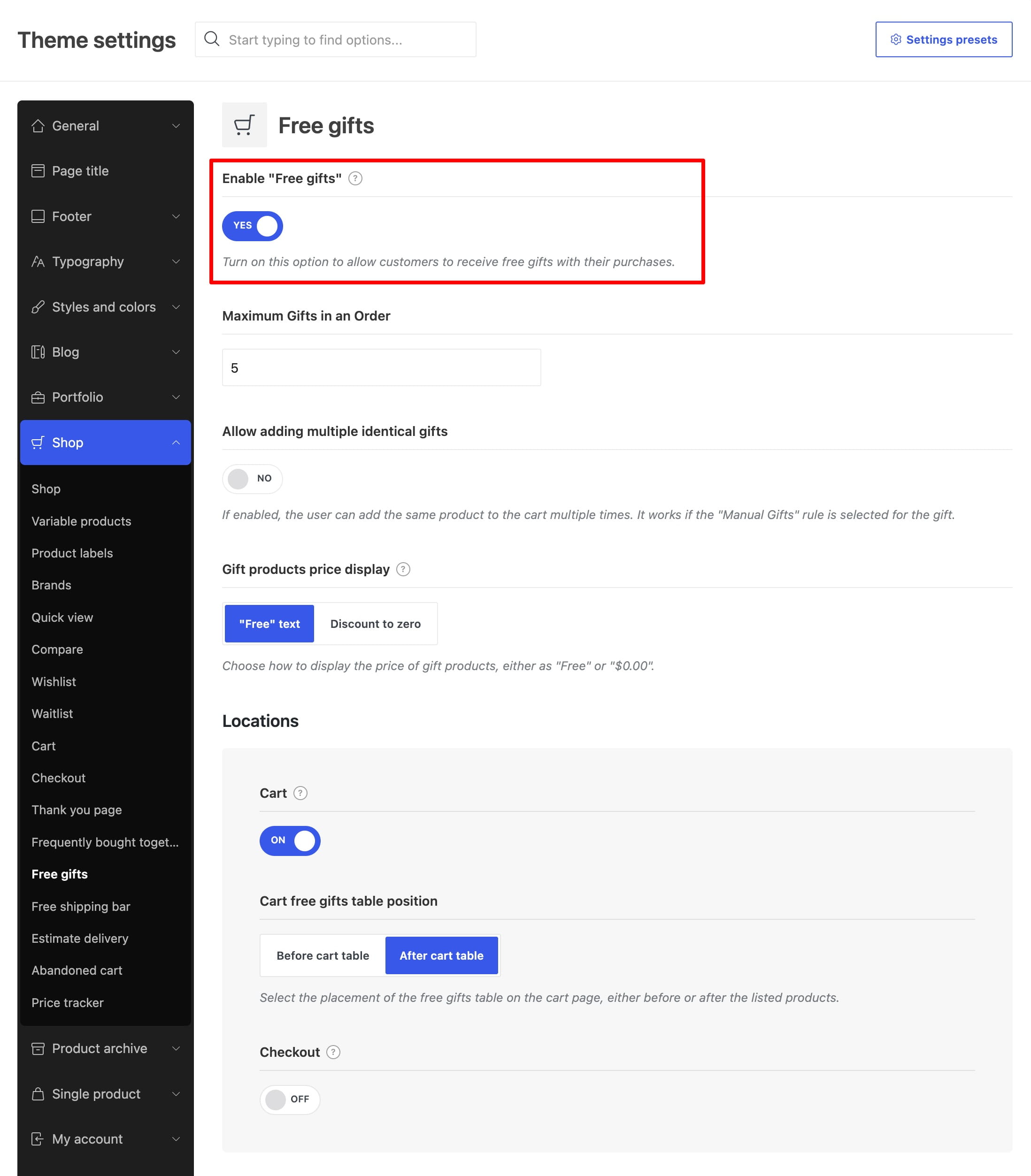 Enable Free gifts toggle