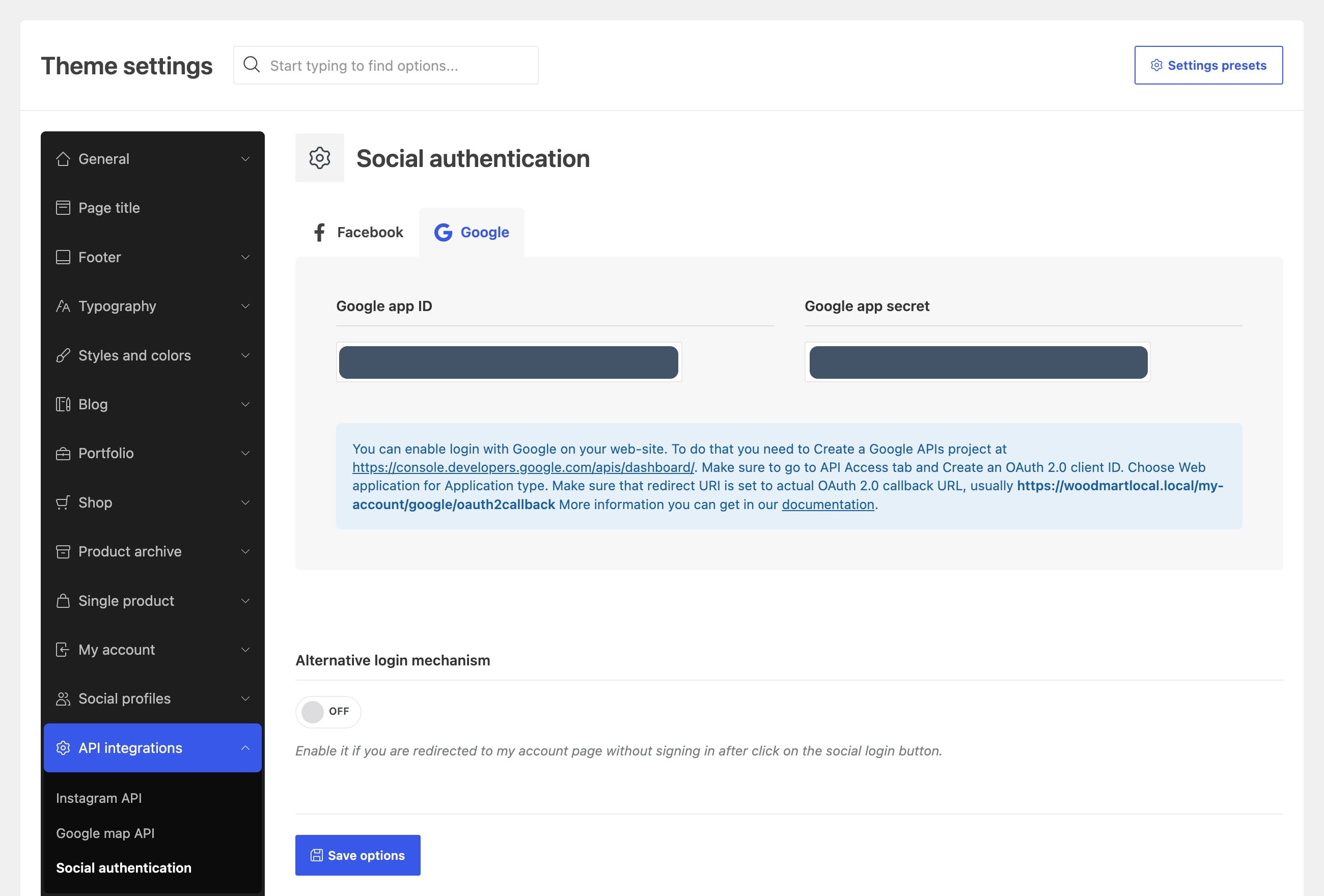 Theme settings page showing Google social authentication fields, login options, and a Save options button