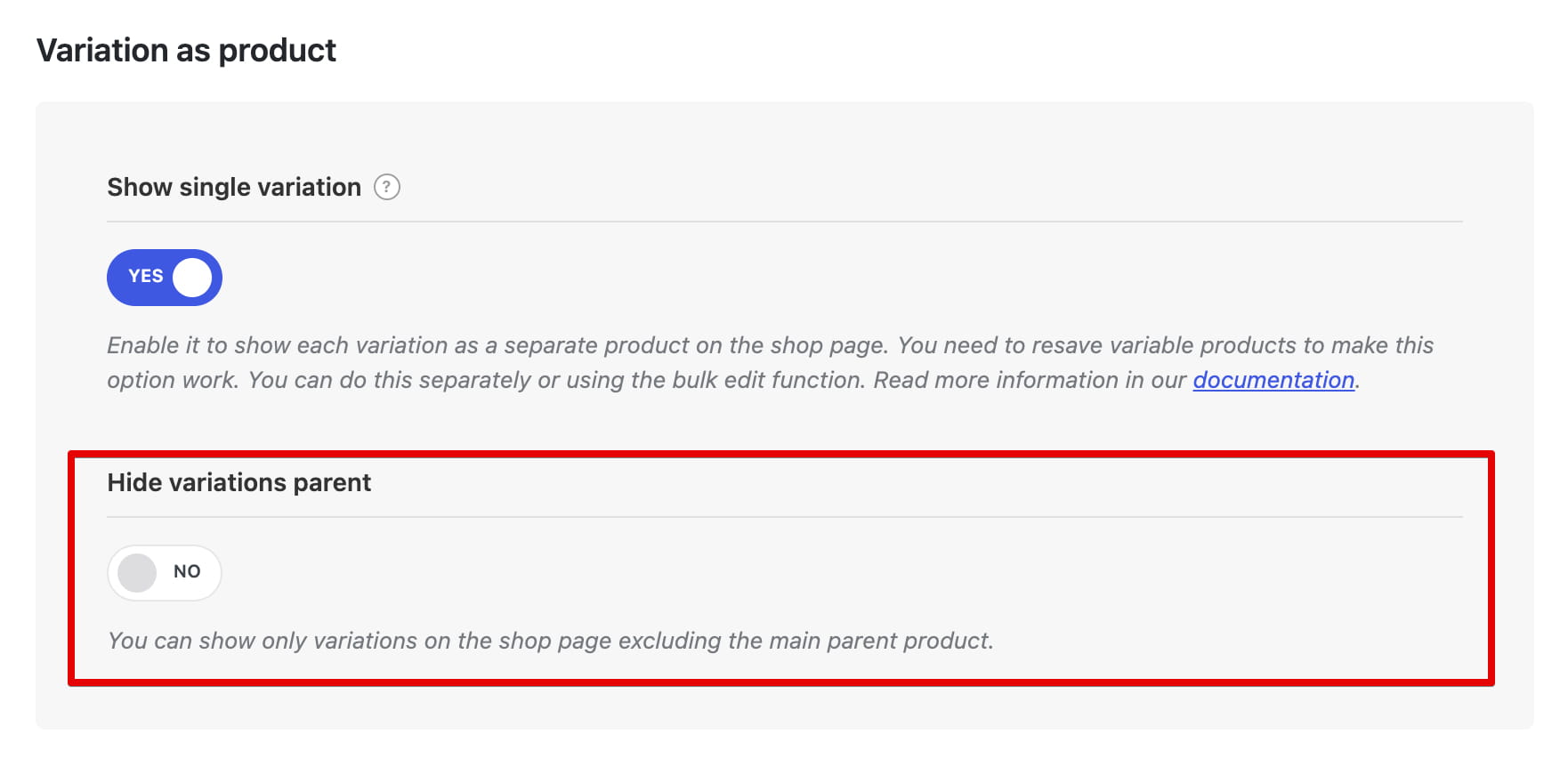 Hide variations parent option
