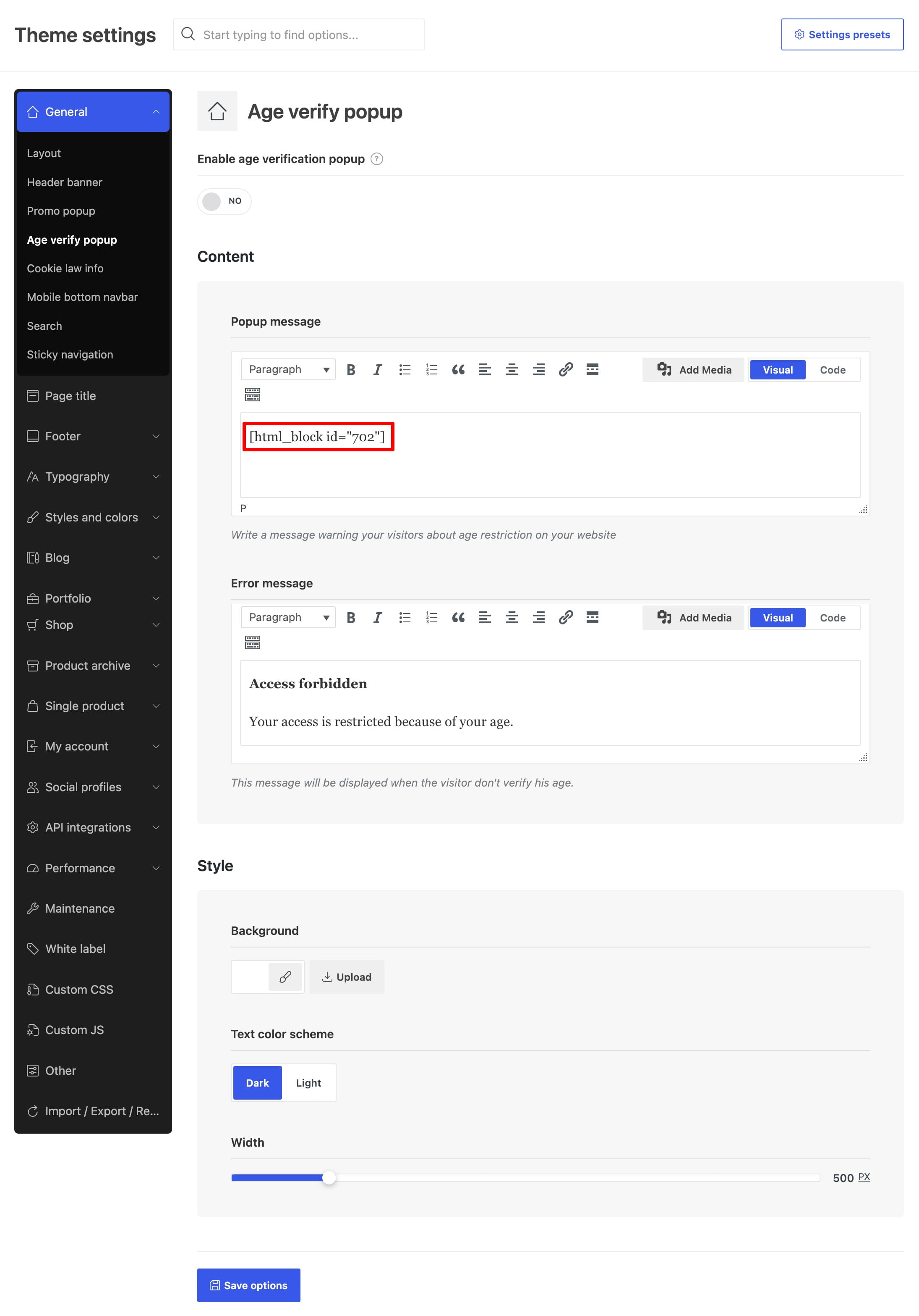 Age verify popup settings page