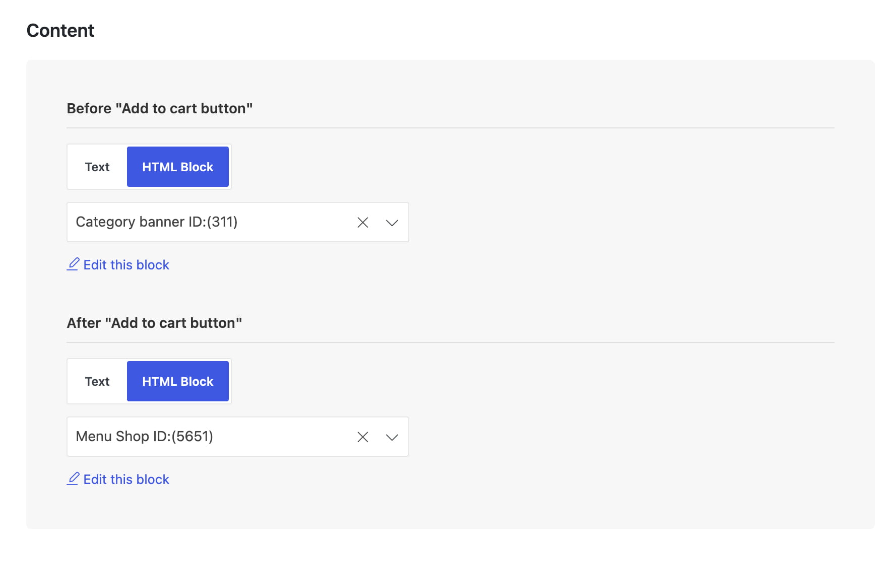 Before and after comparison of the Add to cart button content block
