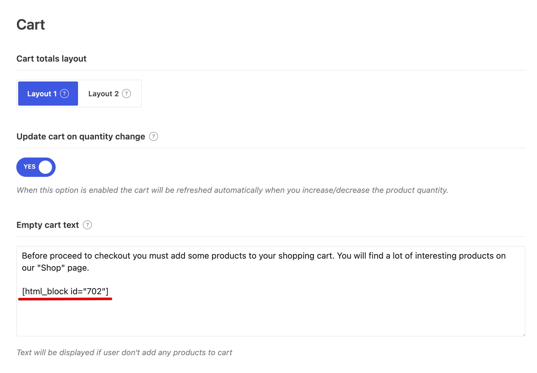 Cart settings page with layout options, auto-update toggle, and empty cart text field